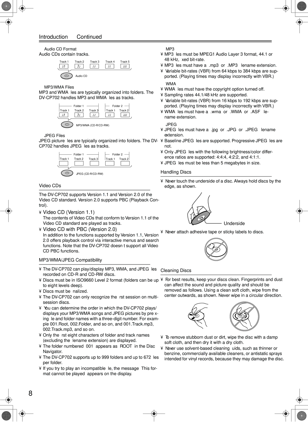 Onkyo DV-CP702 instruction manual Introduction, Video CDs, Handling Discs, MP3/WMA/JPEG Compatibility, Cleaning Discs 