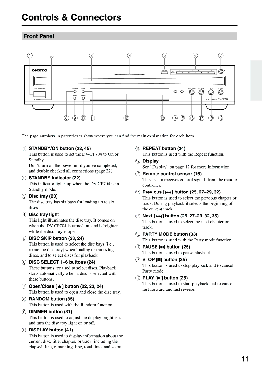 Onkyo DV-CP704S instruction manual Controls & Connectors, Front Panel 