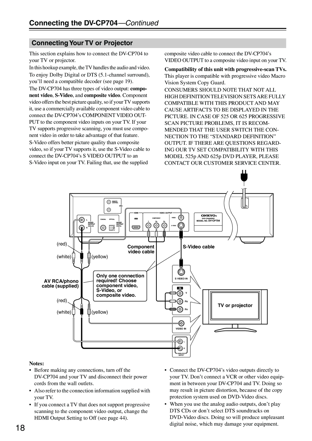 Onkyo DV-CP704S instruction manual Connecting the DV-CP704, Connecting Your TV or Projector, Video cable, TV or projector 