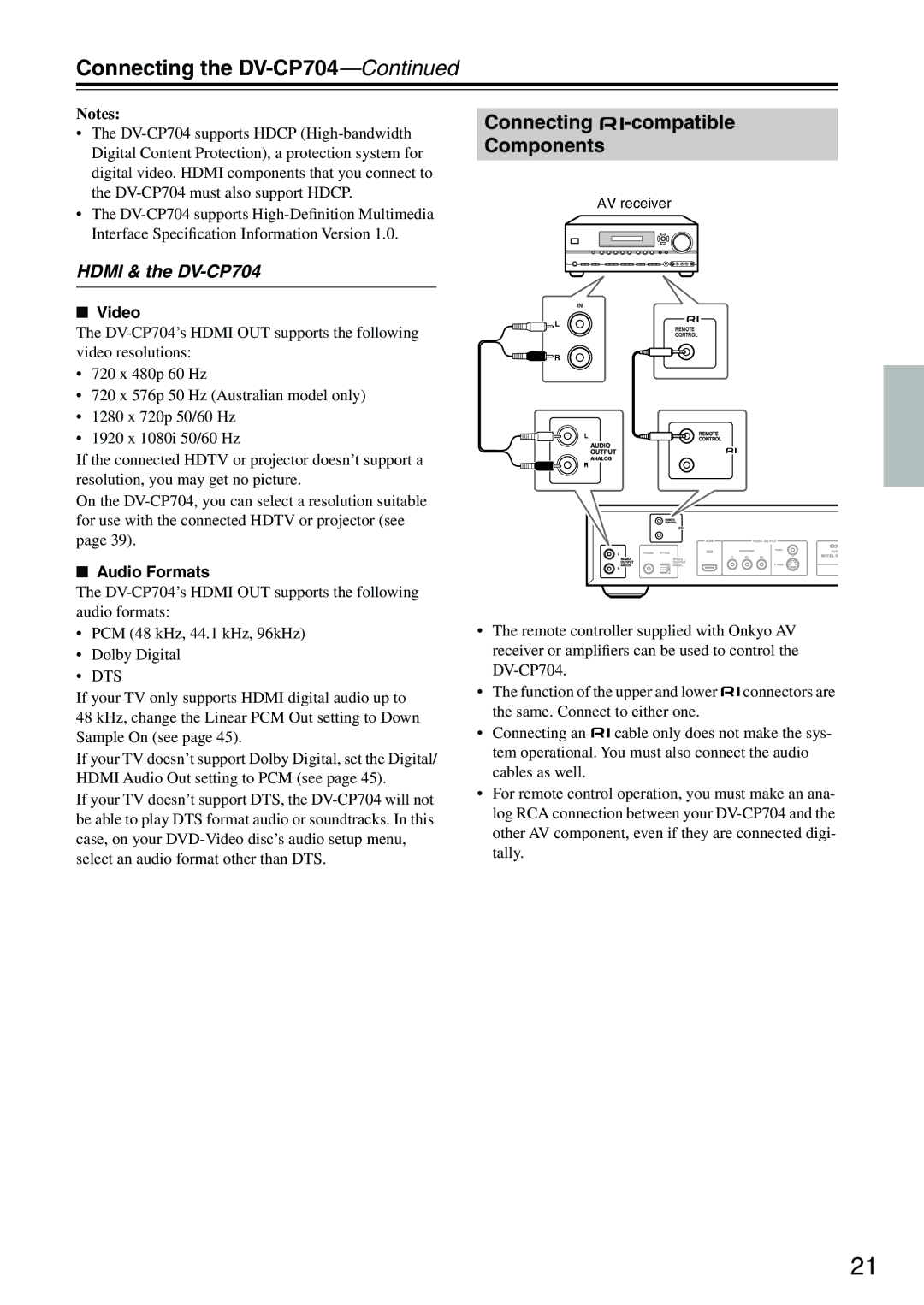 Onkyo DV-CP704S instruction manual Connecting -compatible Components, Hdmi & the DV-CP704, Video, Audio Formats 