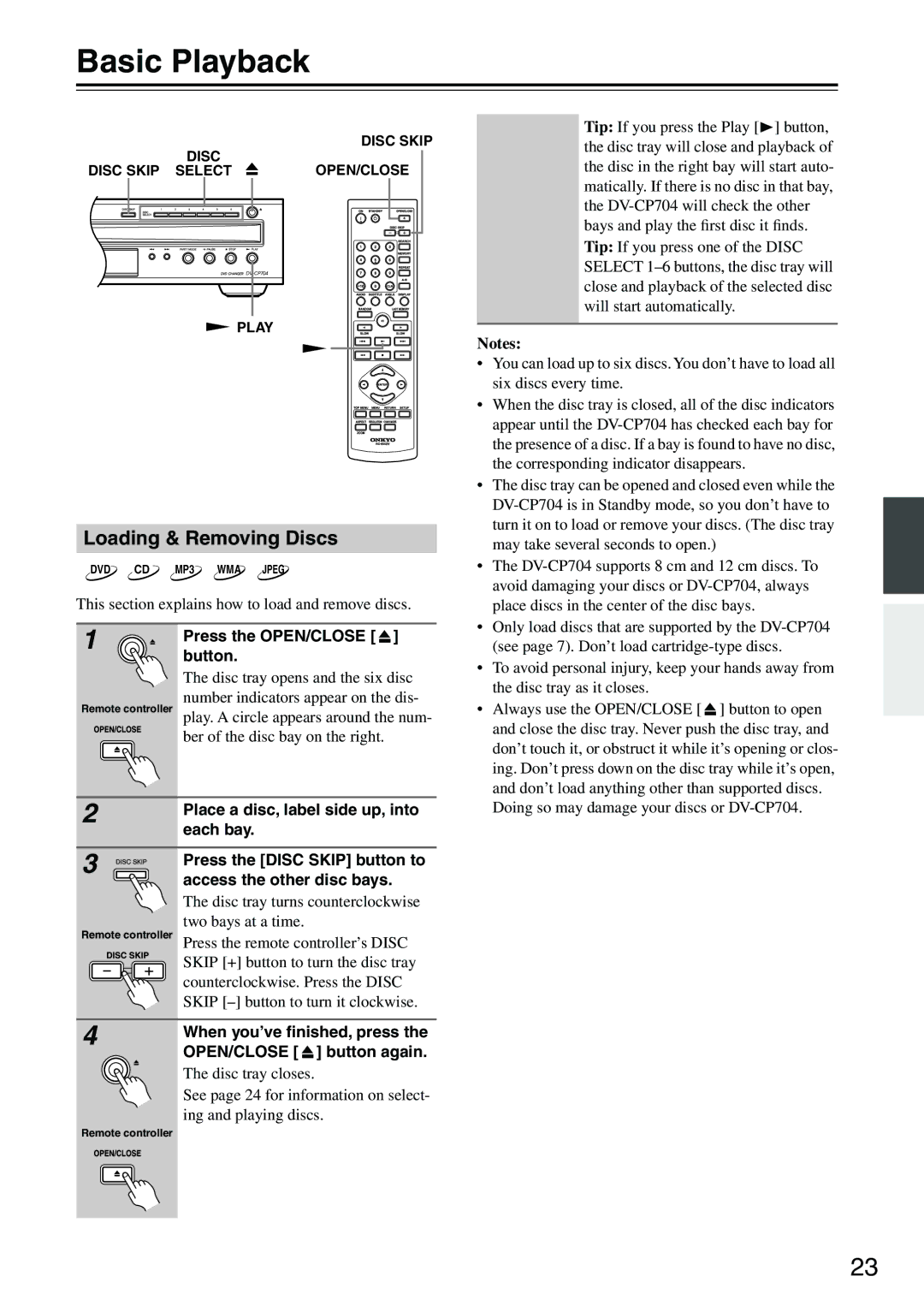 Onkyo DV-CP704S instruction manual Basic Playback, Loading & Removing Discs 