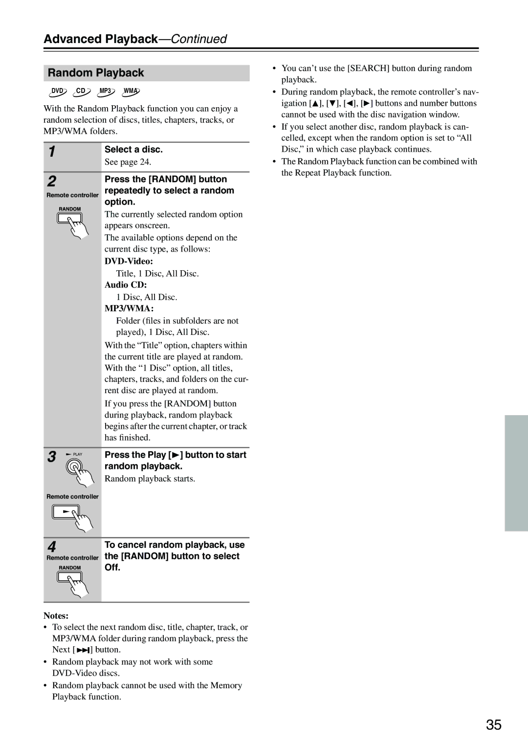 Onkyo DV-CP704S instruction manual Advanced Playback, Random Playback 