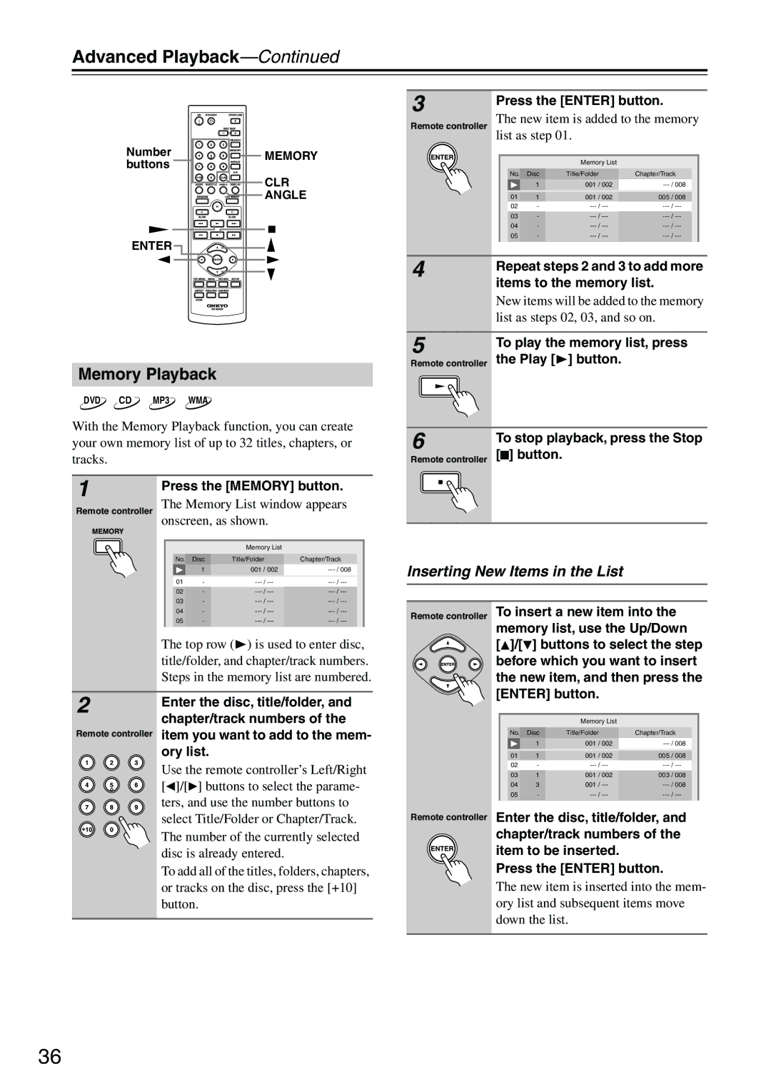 Onkyo DV-CP704S instruction manual Memory Playback, Inserting New Items in the List 