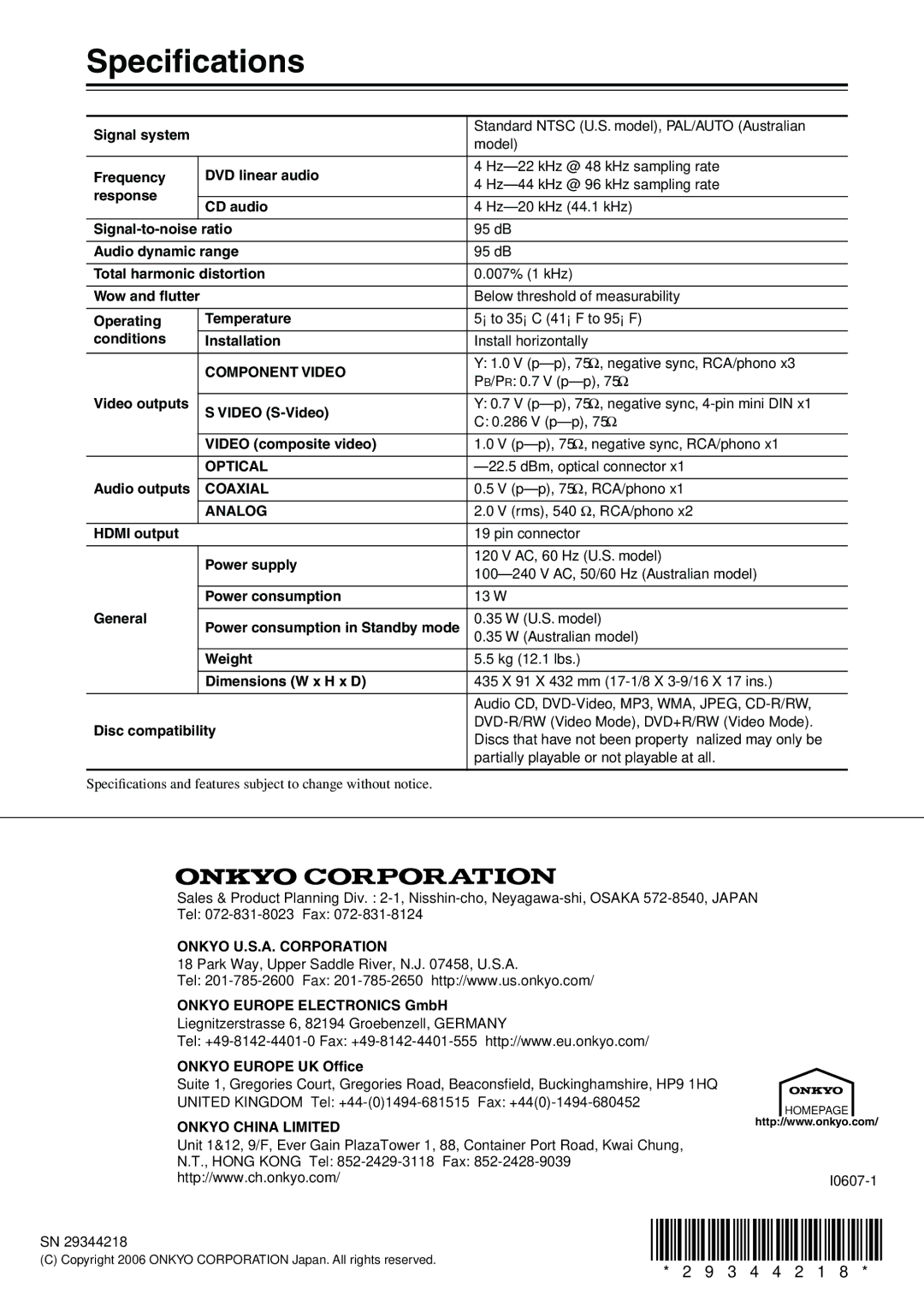 Onkyo DV-CP704S instruction manual Speciﬁcations 
