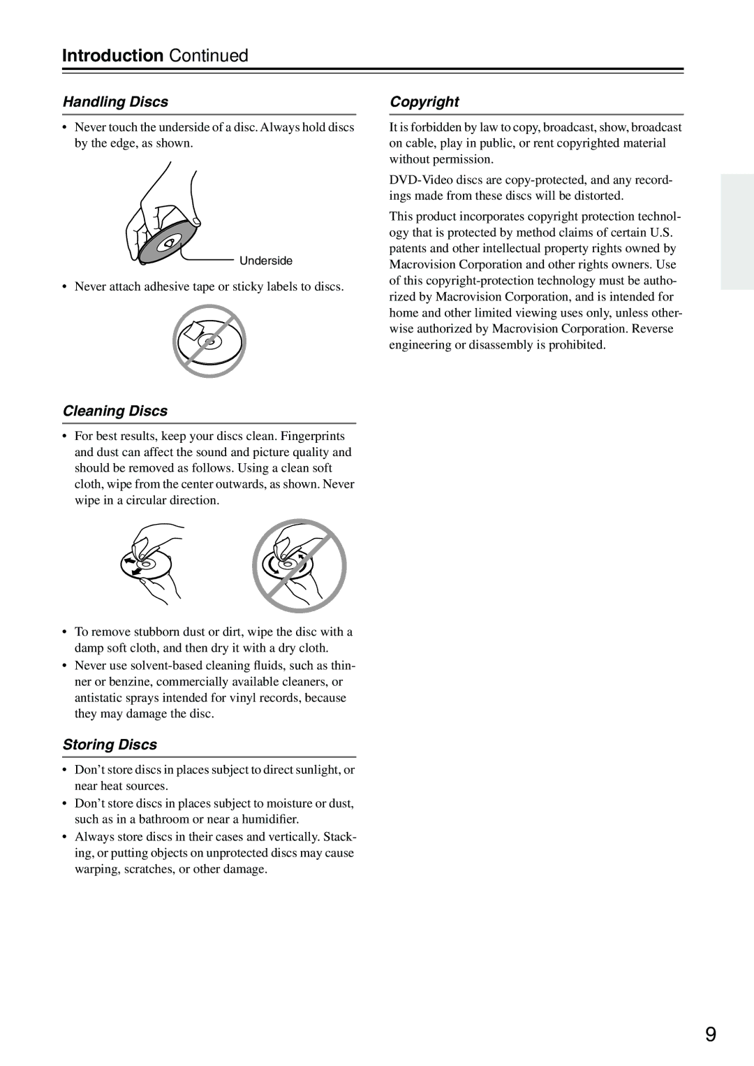 Onkyo DV-CP704S instruction manual Handling Discs, Cleaning Discs, Storing Discs, Copyright 