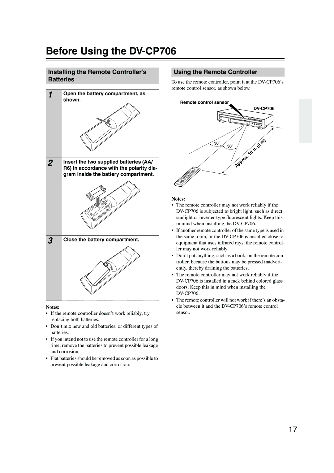 Onkyo Before Using the DV-CP706, Installing the Remote Controller’s Batteries, Using the Remote Controller 