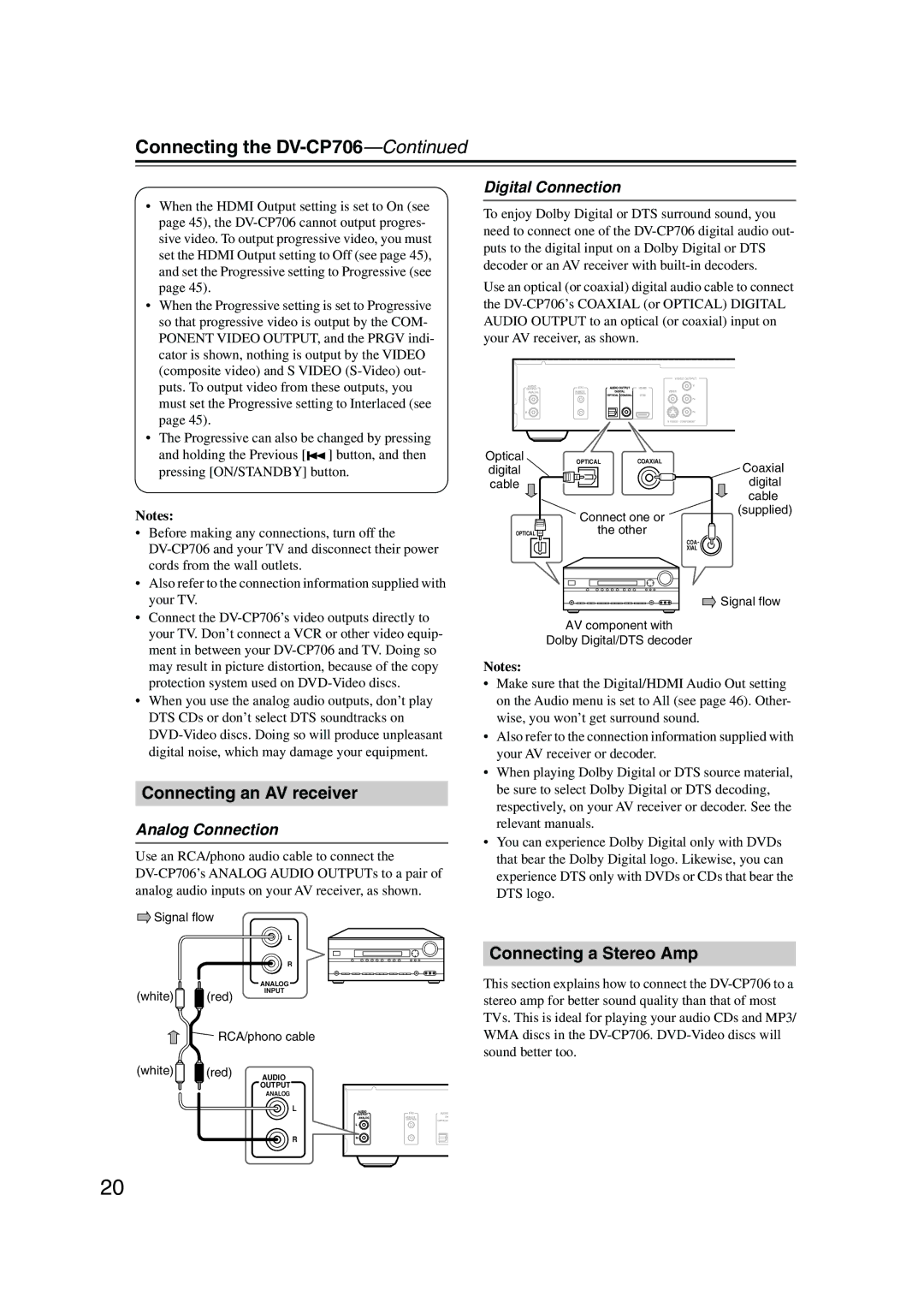 Onkyo DV-CP706 instruction manual Connecting an AV receiver, Connecting a Stereo Amp, Digital Connection, Analog Connection 