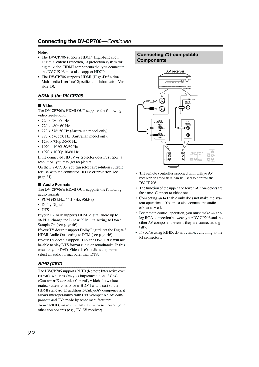 Onkyo instruction manual Connecting -compatible Components, Hdmi & the DV-CP706, Video, Audio Formats 