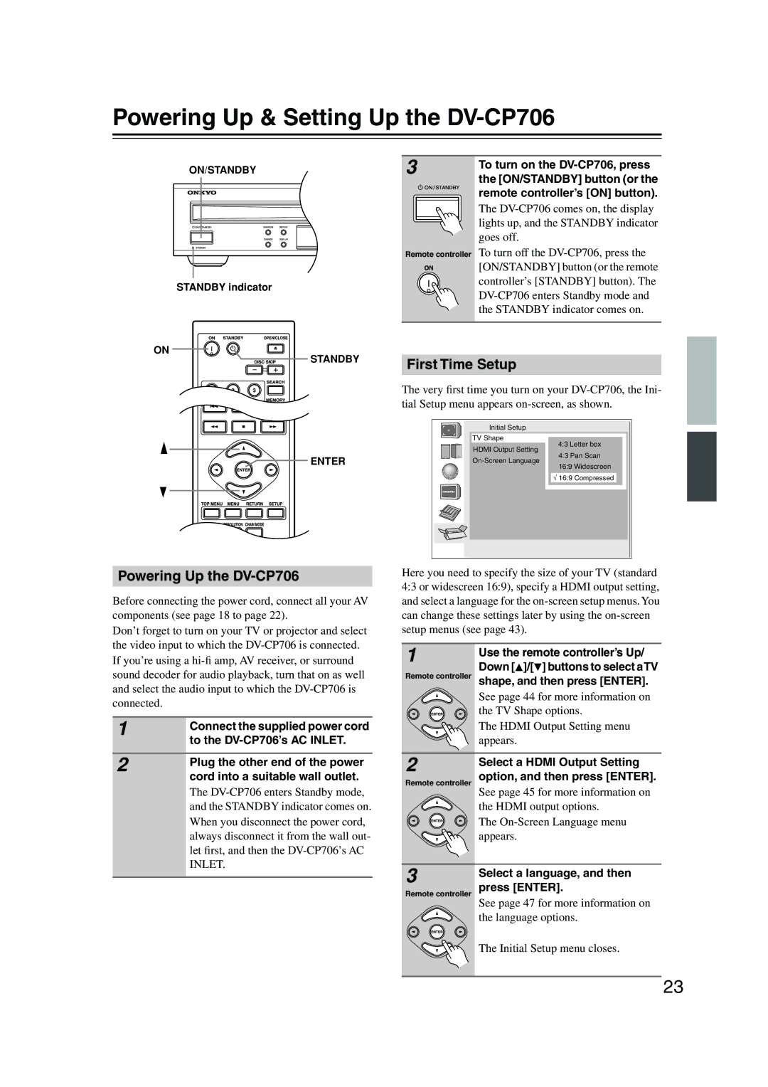 Onkyo instruction manual Powering Up & Setting Up the DV-CP706, Powering Up the DV-CP706, First Time Setup 