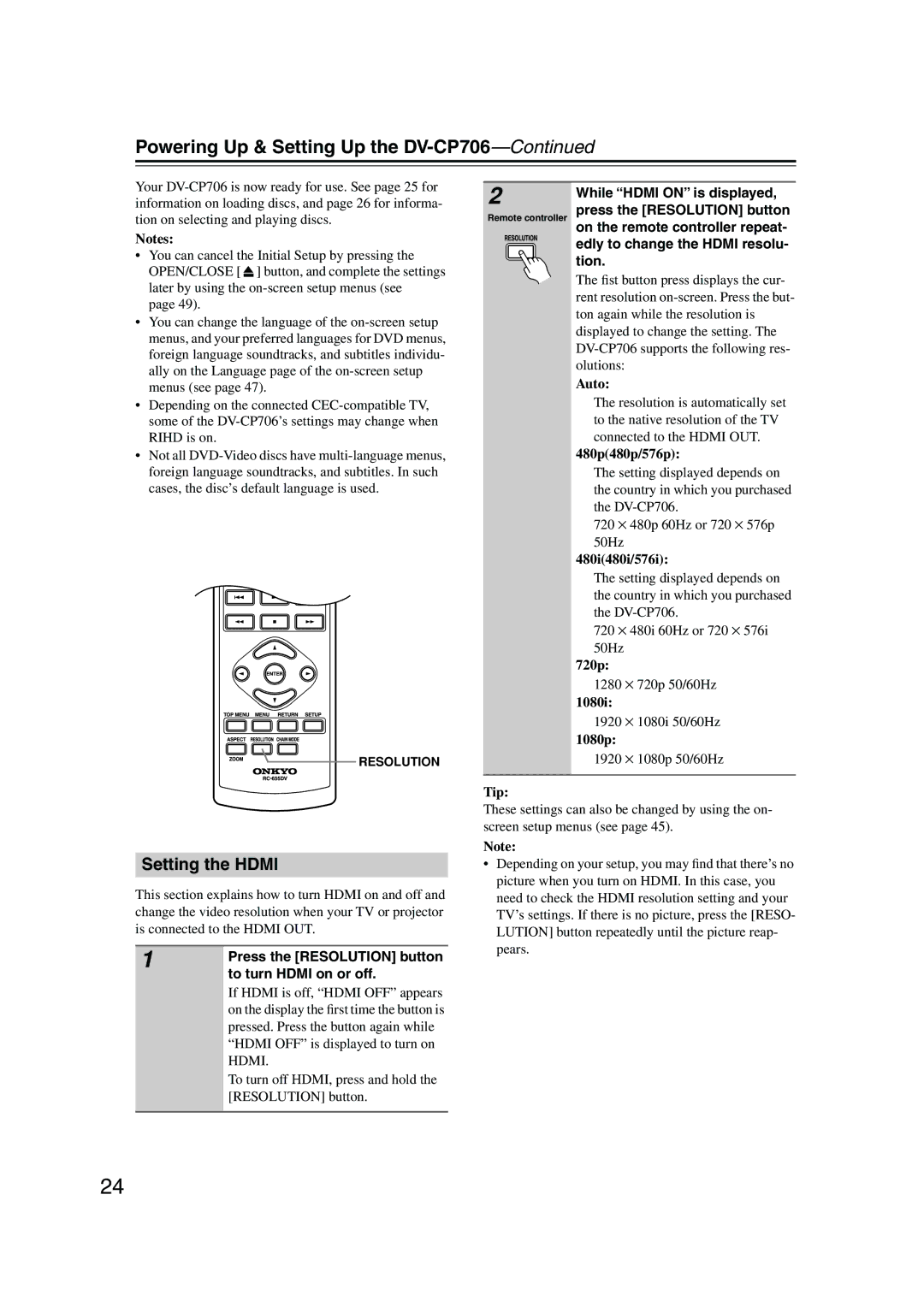 Onkyo Powering Up & Setting Up the DV-CP706, Setting the Hdmi, Press the Resolution button, To turn Hdmi on or off 