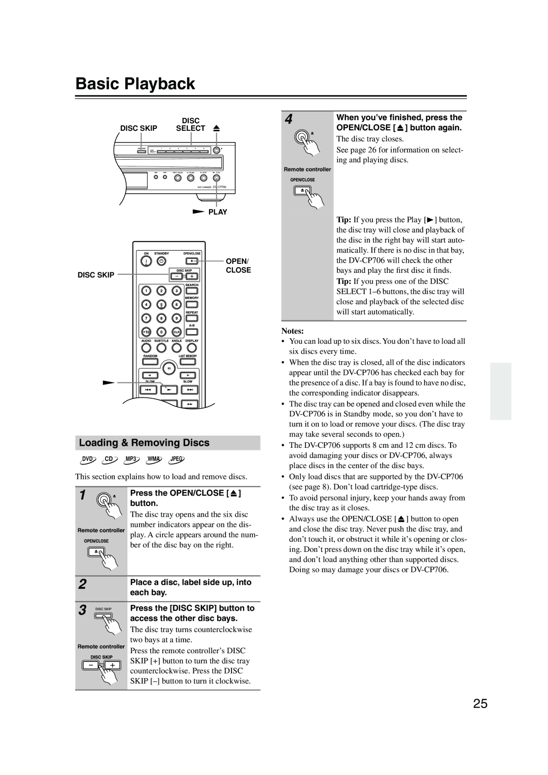 Onkyo DV-CP706 instruction manual Basic Playback, Loading & Removing Discs 