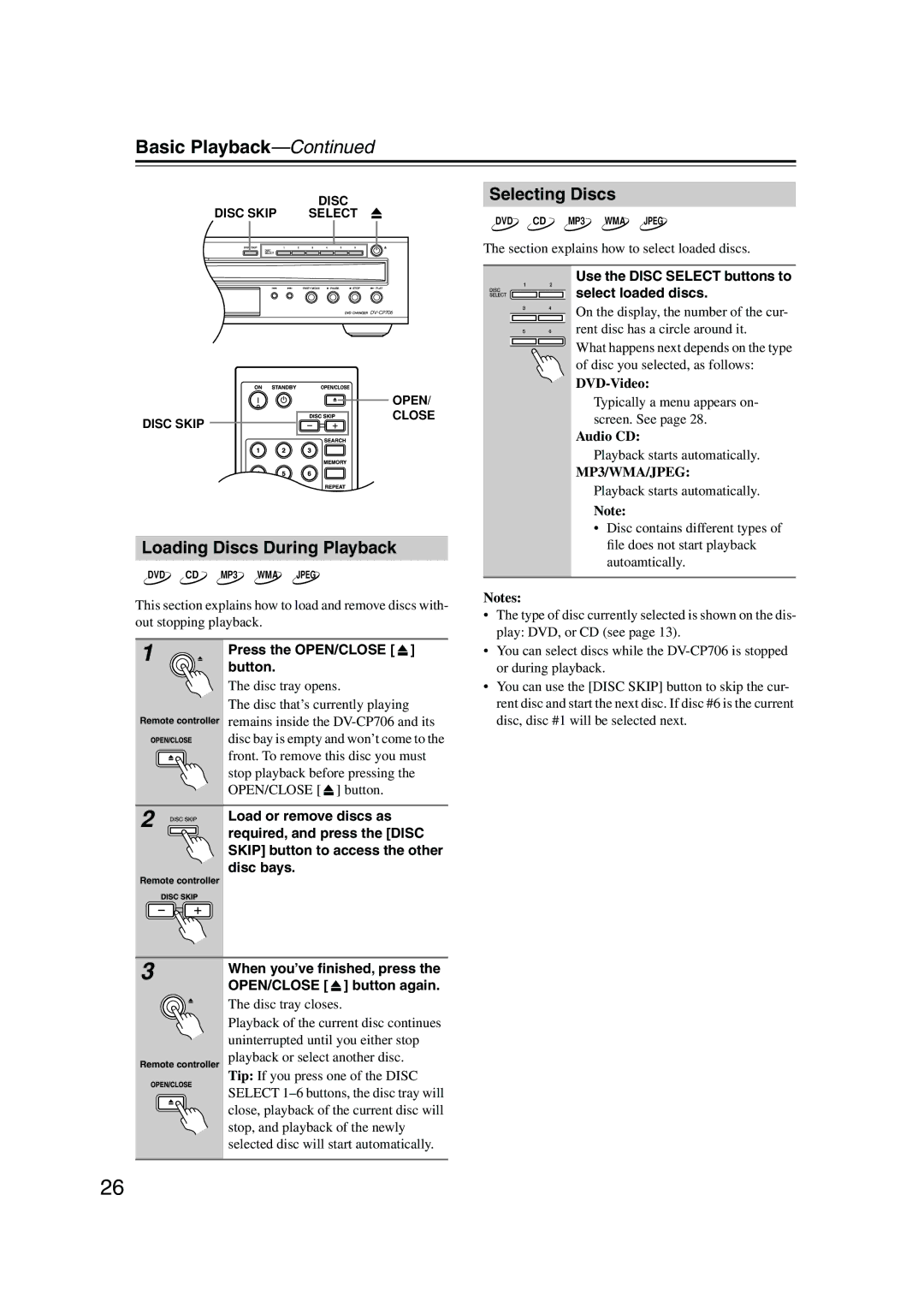 Onkyo DV-CP706 instruction manual Basic Playback, Selecting Discs, Loading Discs During Playback 