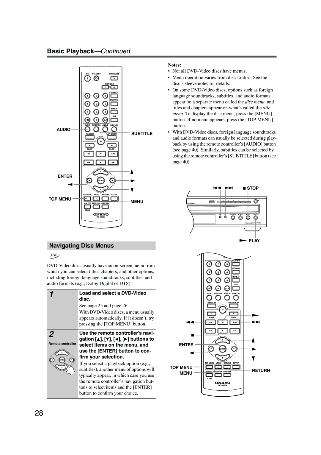 Onkyo DV-CP706 instruction manual Navigating Disc Menus, Load and select a DVD-Video 