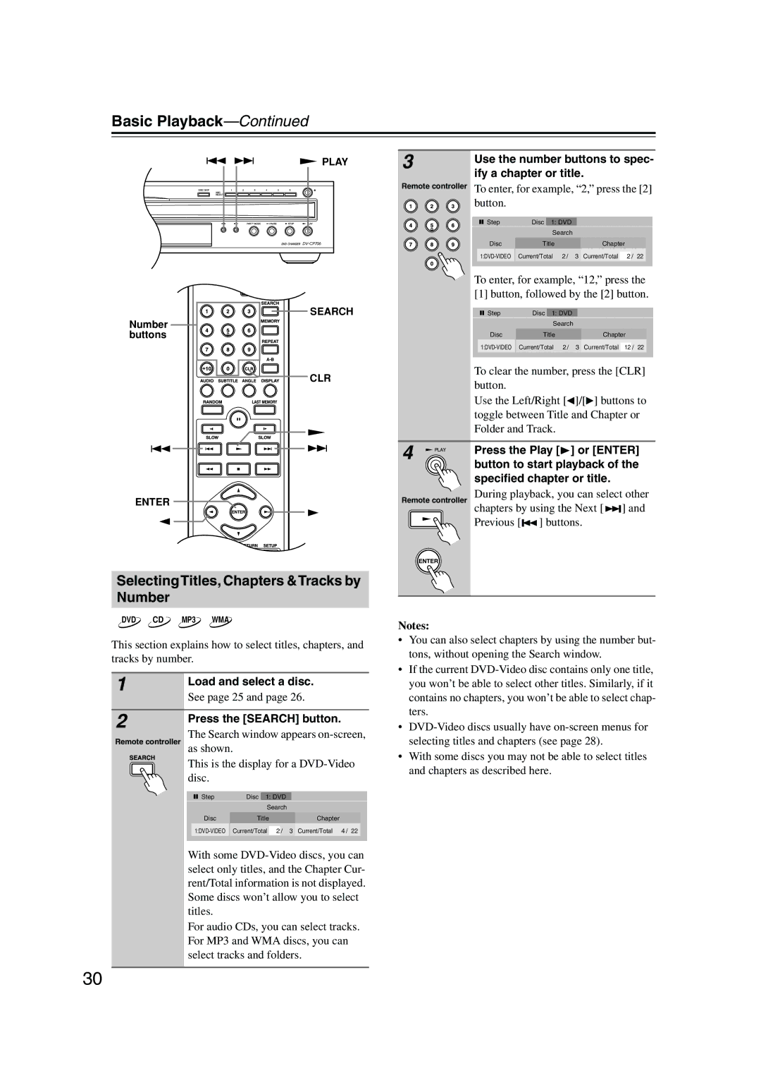 Onkyo DV-CP706 instruction manual SelectingTitles, Chapters &Tracks by Number 