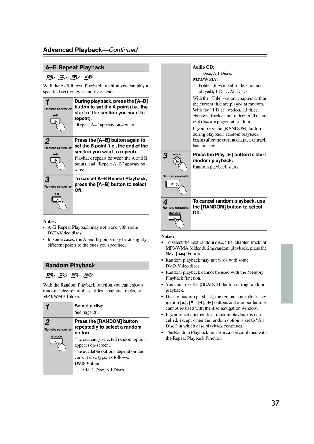 Onkyo DV-CP706 instruction manual Advanced Playback, Random Playback 