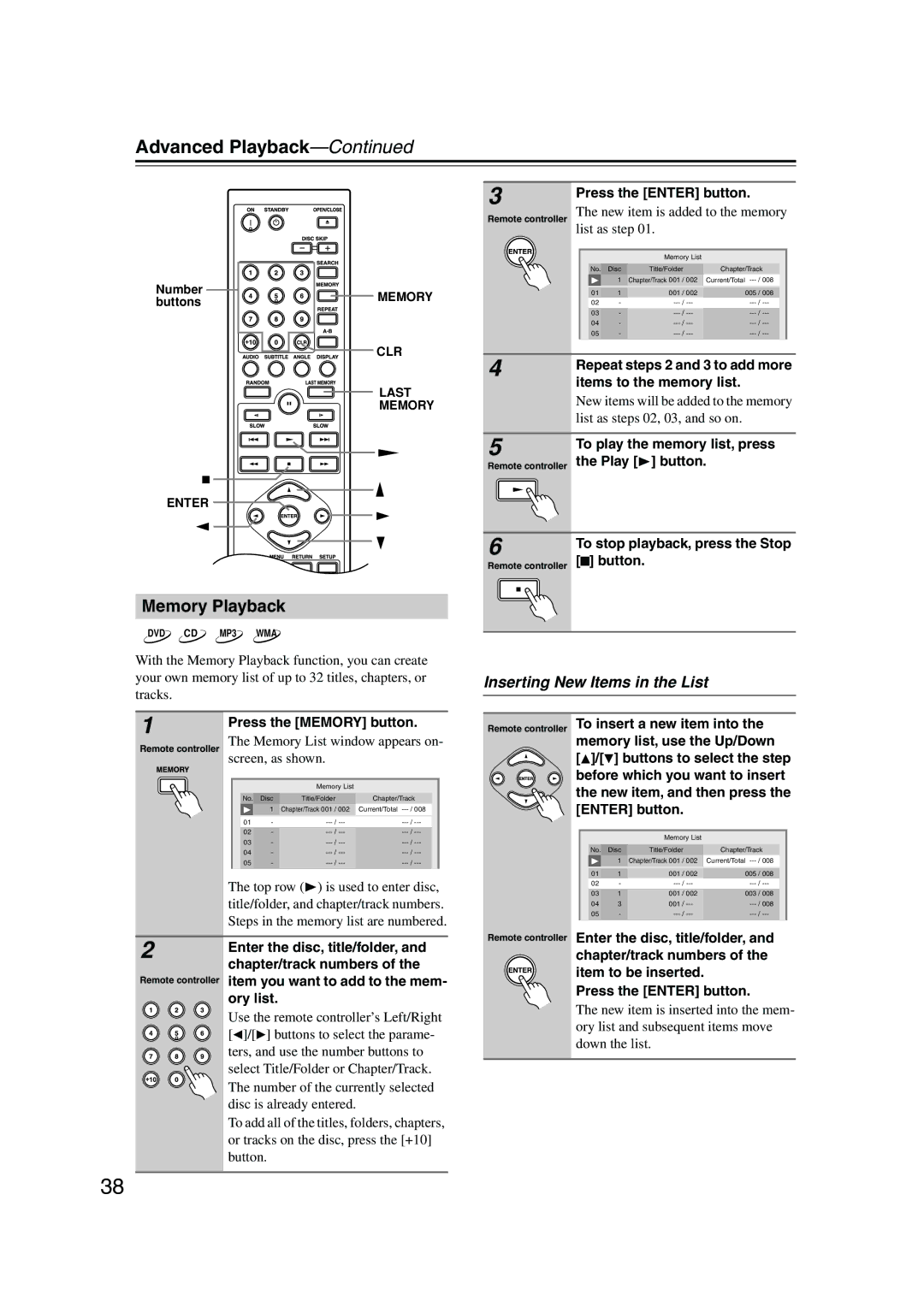 Onkyo DV-CP706 instruction manual Memory Playback, Inserting New Items in the List 