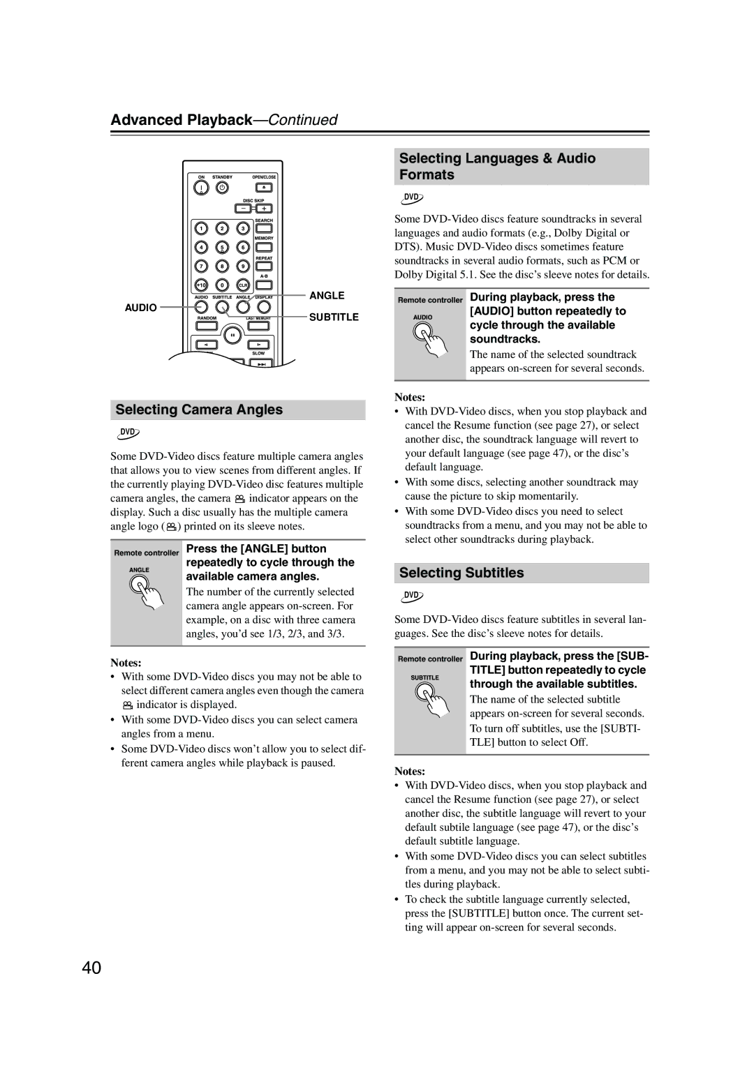 Onkyo DV-CP706 instruction manual Selecting Camera Angles, Selecting Languages & Audio Formats, Selecting Subtitles 