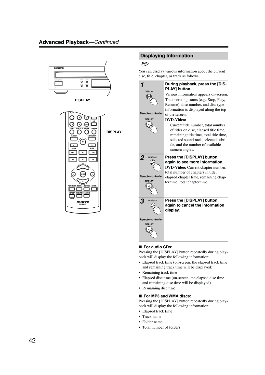 Onkyo DV-CP706 instruction manual Displaying Information 