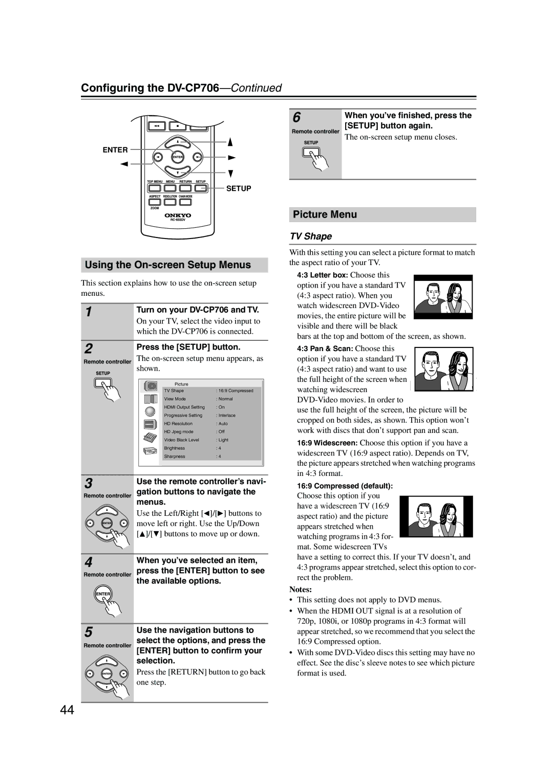 Onkyo instruction manual Conﬁguring the DV-CP706, Using the On-screen Setup Menus, Picture Menu, TV Shape 