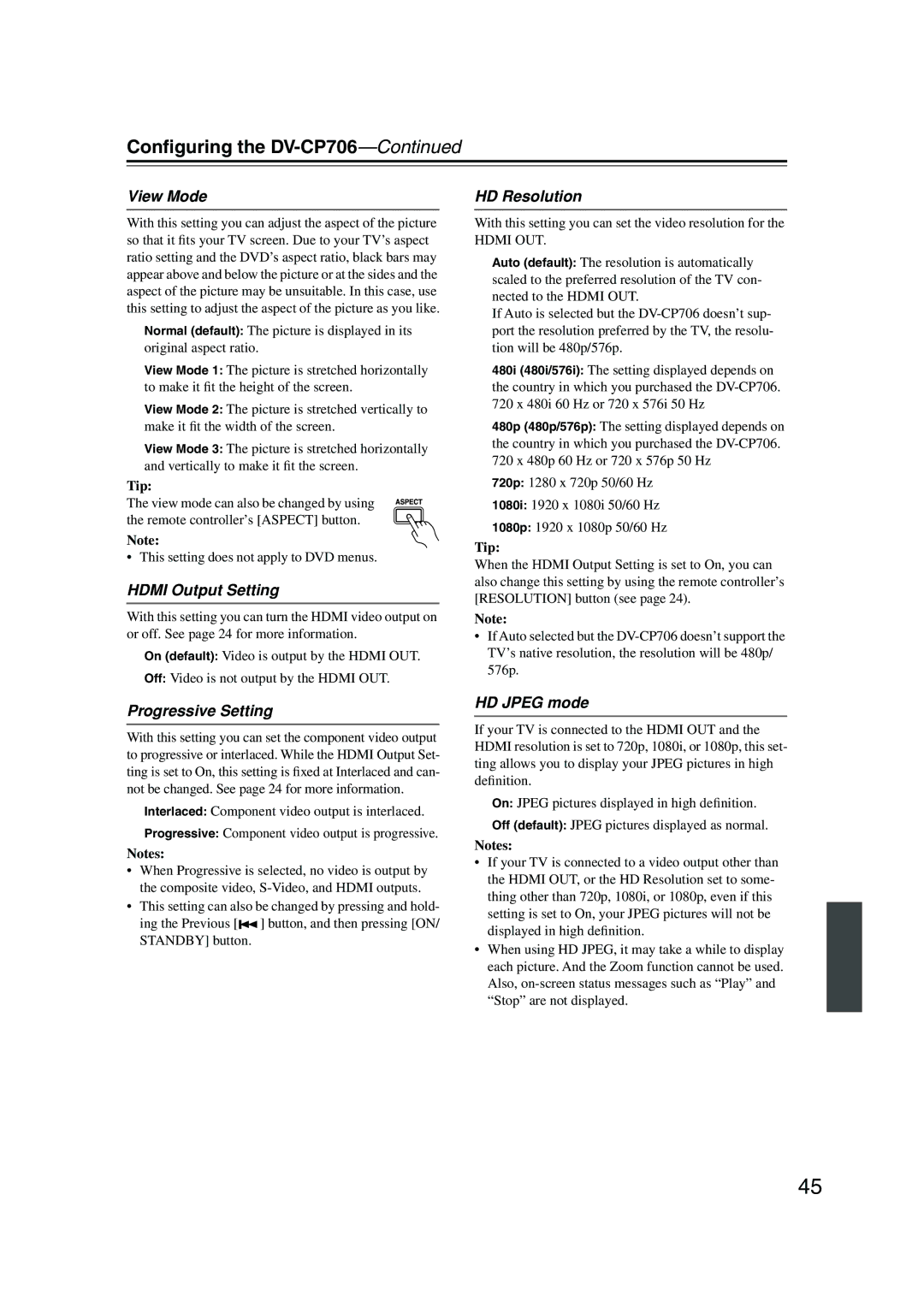 Onkyo DV-CP706 instruction manual View Mode, Hdmi Output Setting, Progressive Setting, HD Resolution, HD Jpeg mode 