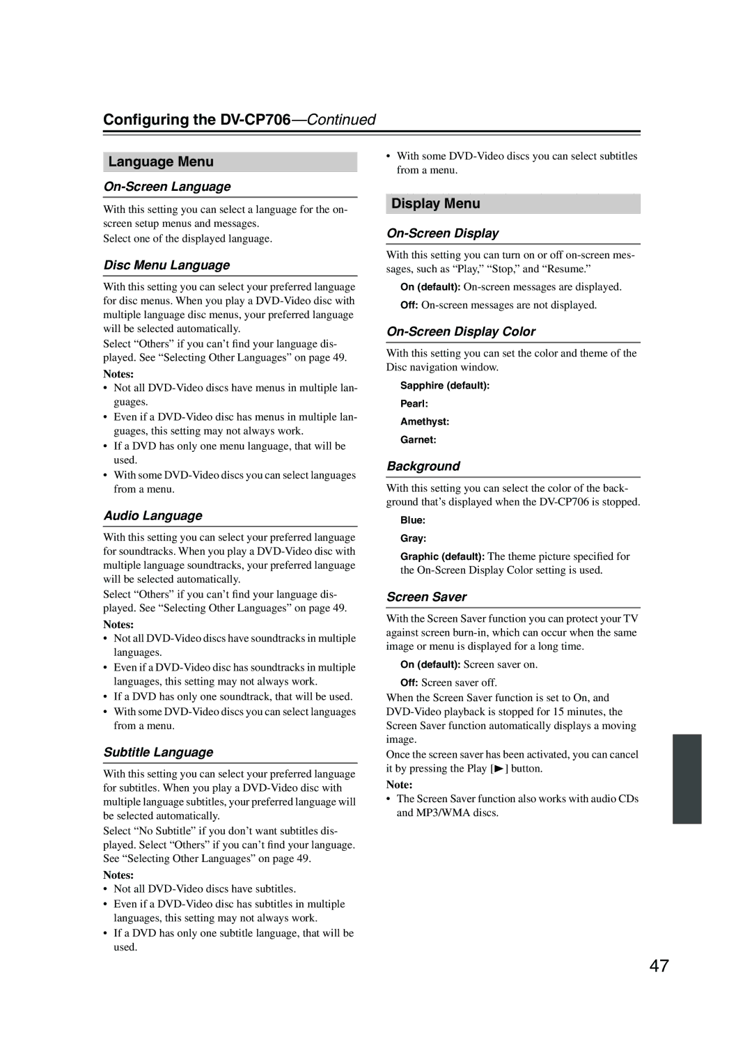 Onkyo DV-CP706 instruction manual Language Menu, Display Menu 