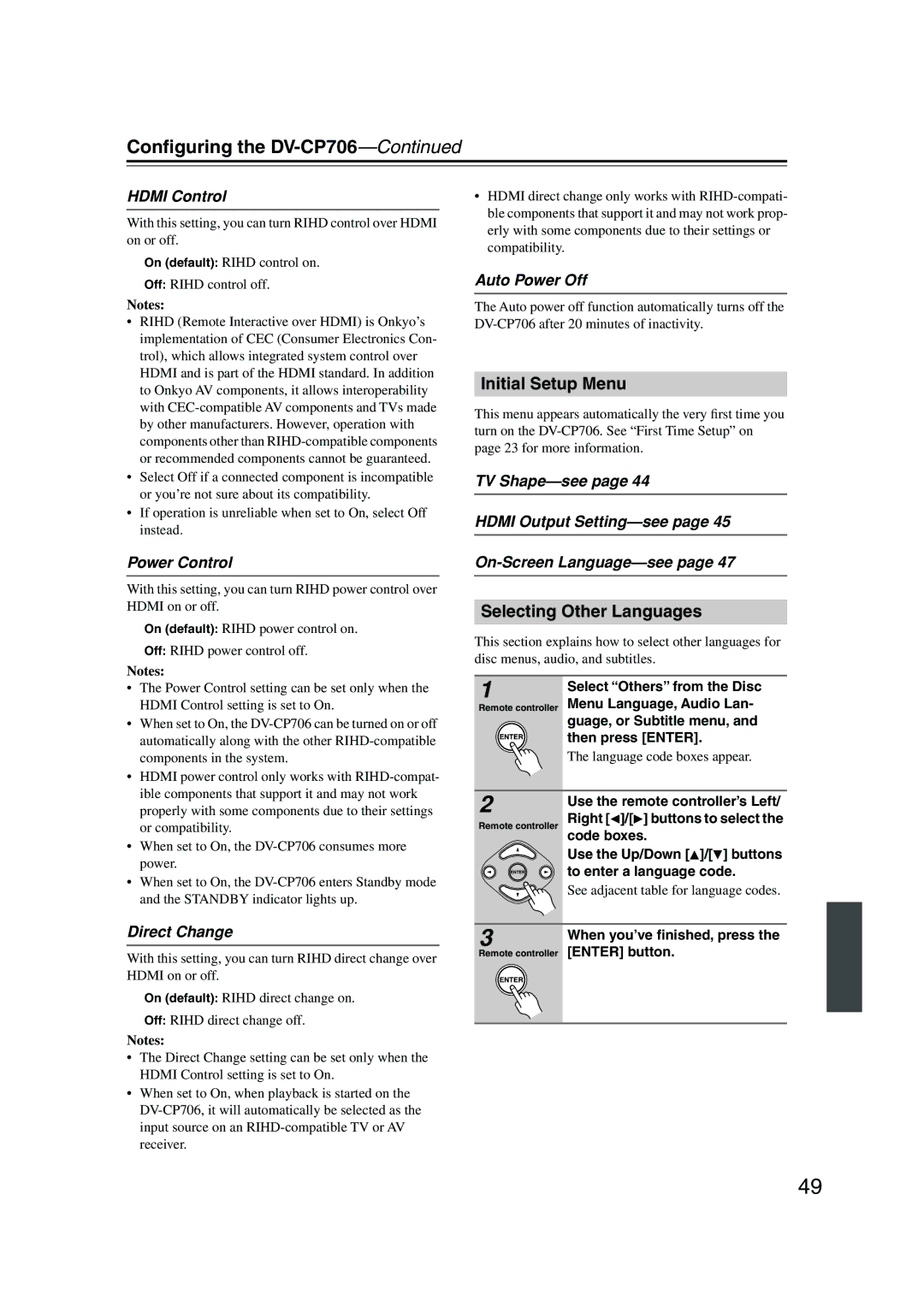 Onkyo DV-CP706 instruction manual Initial Setup Menu, Selecting Other Languages 