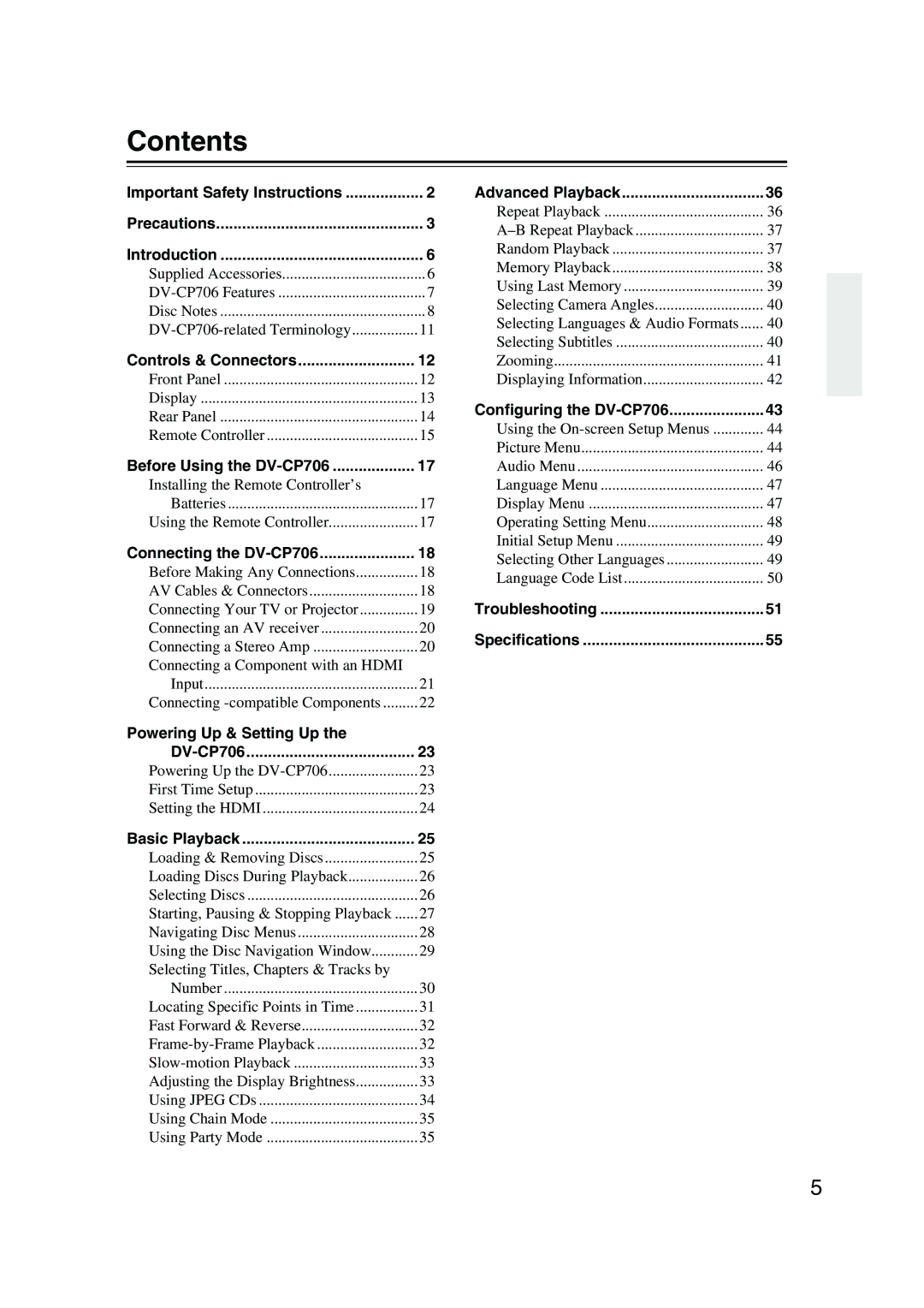 Onkyo DV-CP706 instruction manual Contents 