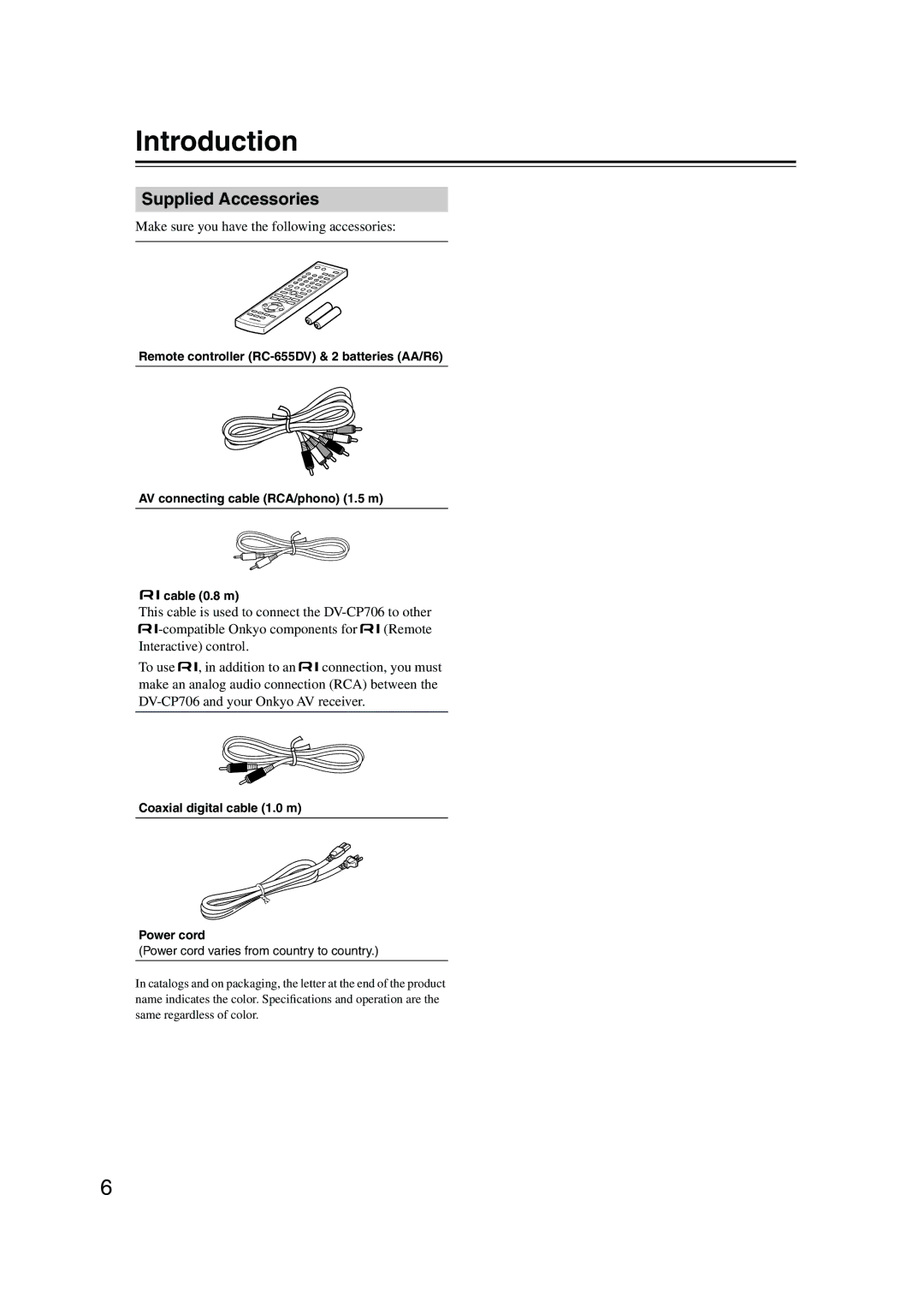 Onkyo DV-CP706 instruction manual Introduction, Supplied Accessories, Make sure you have the following accessories 