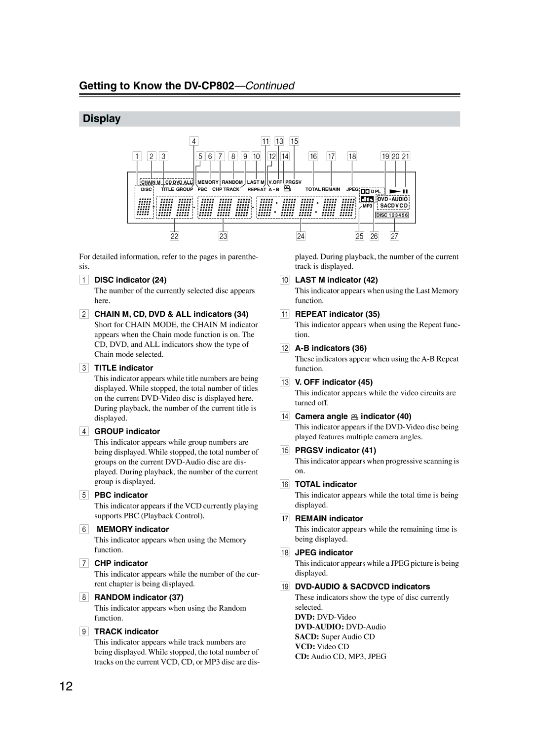 Onkyo instruction manual Getting to Know the DV-CP802 Display 