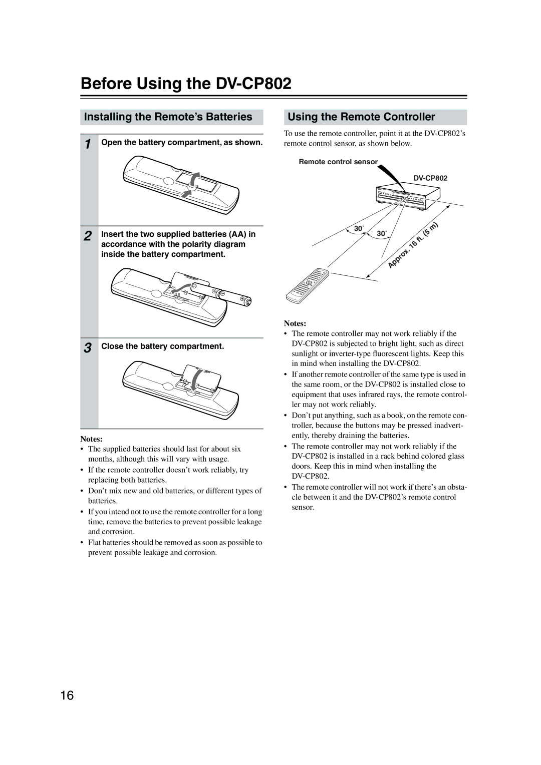 Onkyo instruction manual Before Using the DV-CP802, Installing the Remote’s Batteries, Using the Remote Controller 