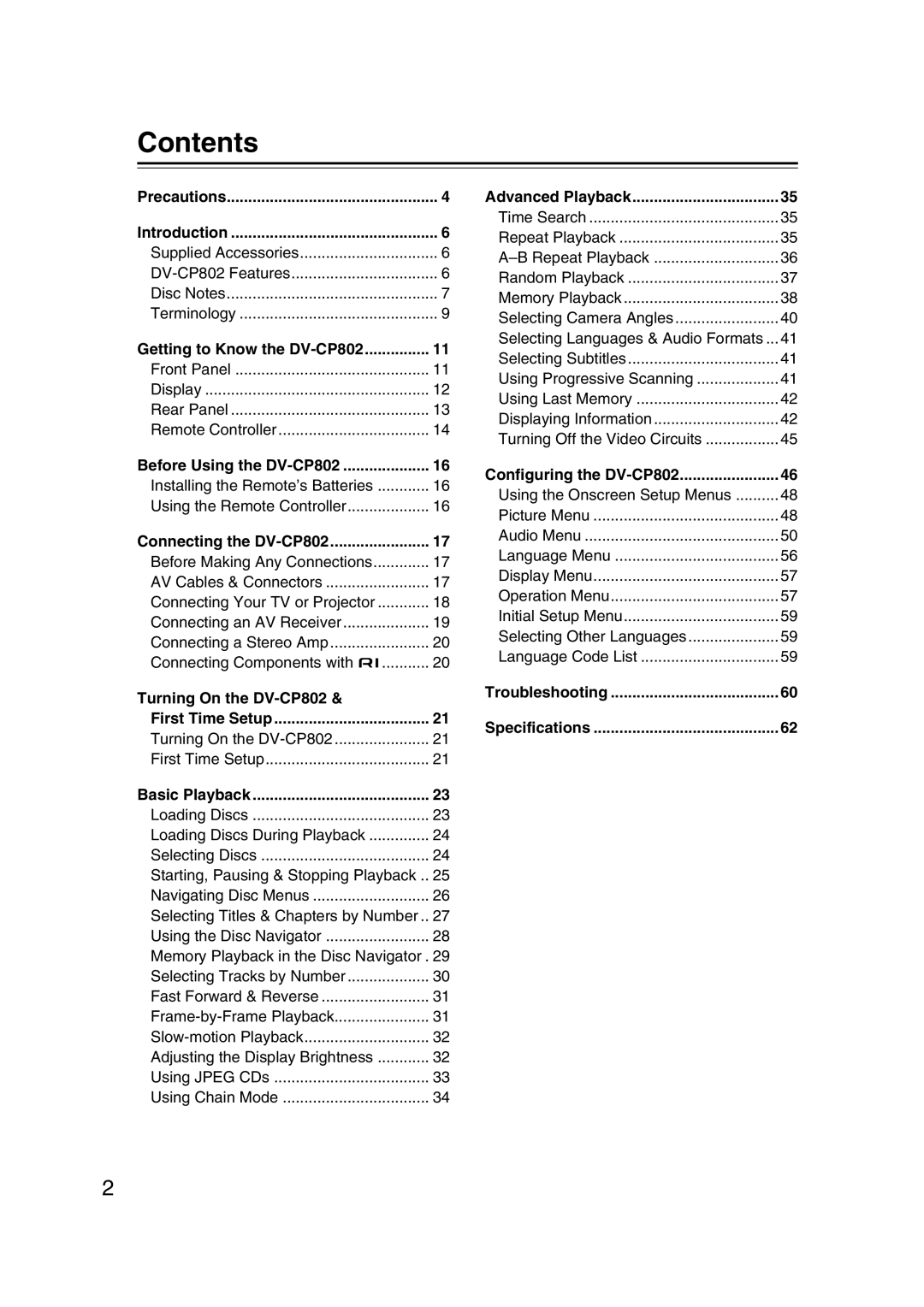 Onkyo DV-CP802 instruction manual Contents 