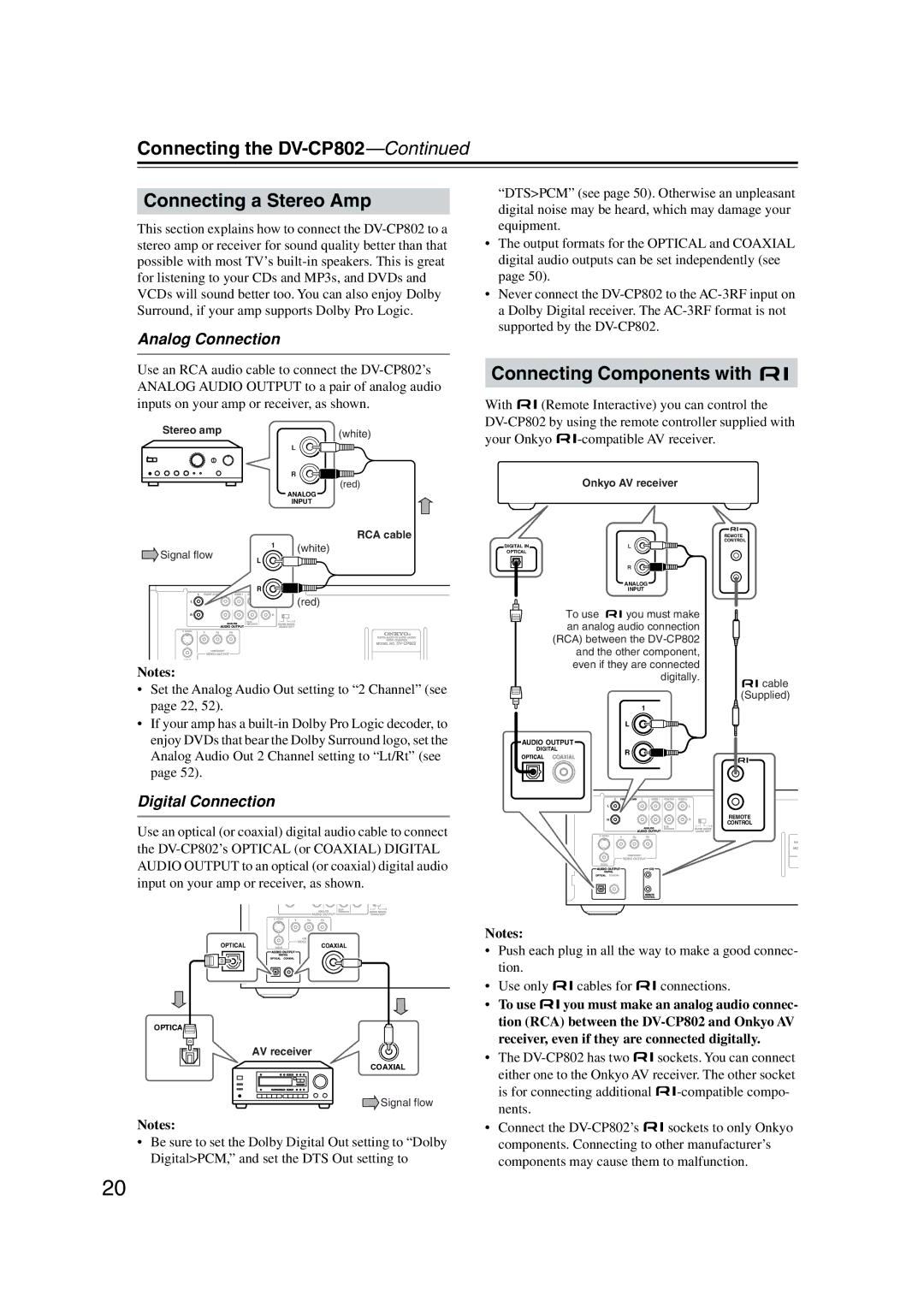 Onkyo instruction manual Connecting the DV-CP802 Connecting a Stereo Amp, Connecting Components with, Analog Connection 