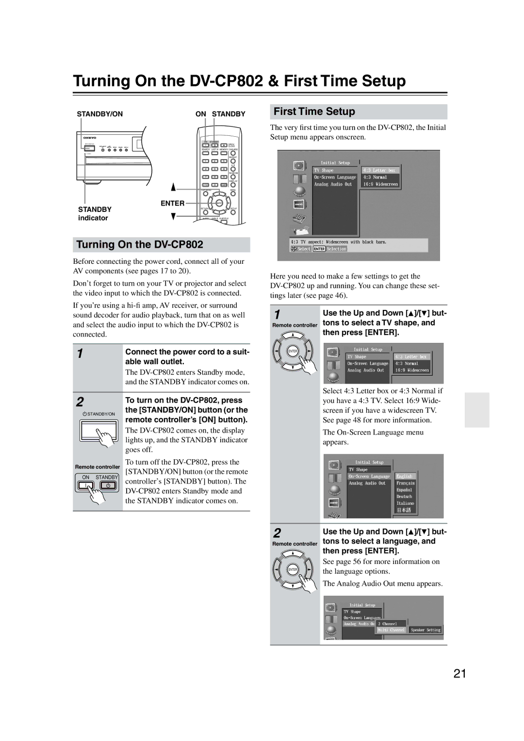 Onkyo instruction manual Turning On the DV-CP802 & First Time Setup, Connect the power cord to a suit- able wall outlet 