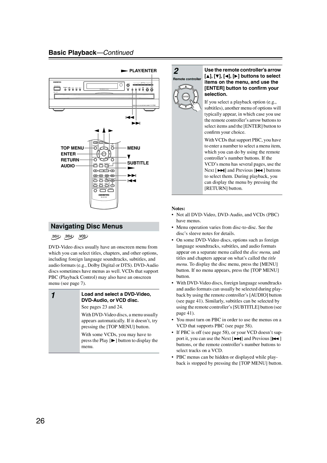 Onkyo DV-CP802 instruction manual Navigating Disc Menus, Load and select a DVD-Video, DVD-Audio, or VCD disc, See pages 23 