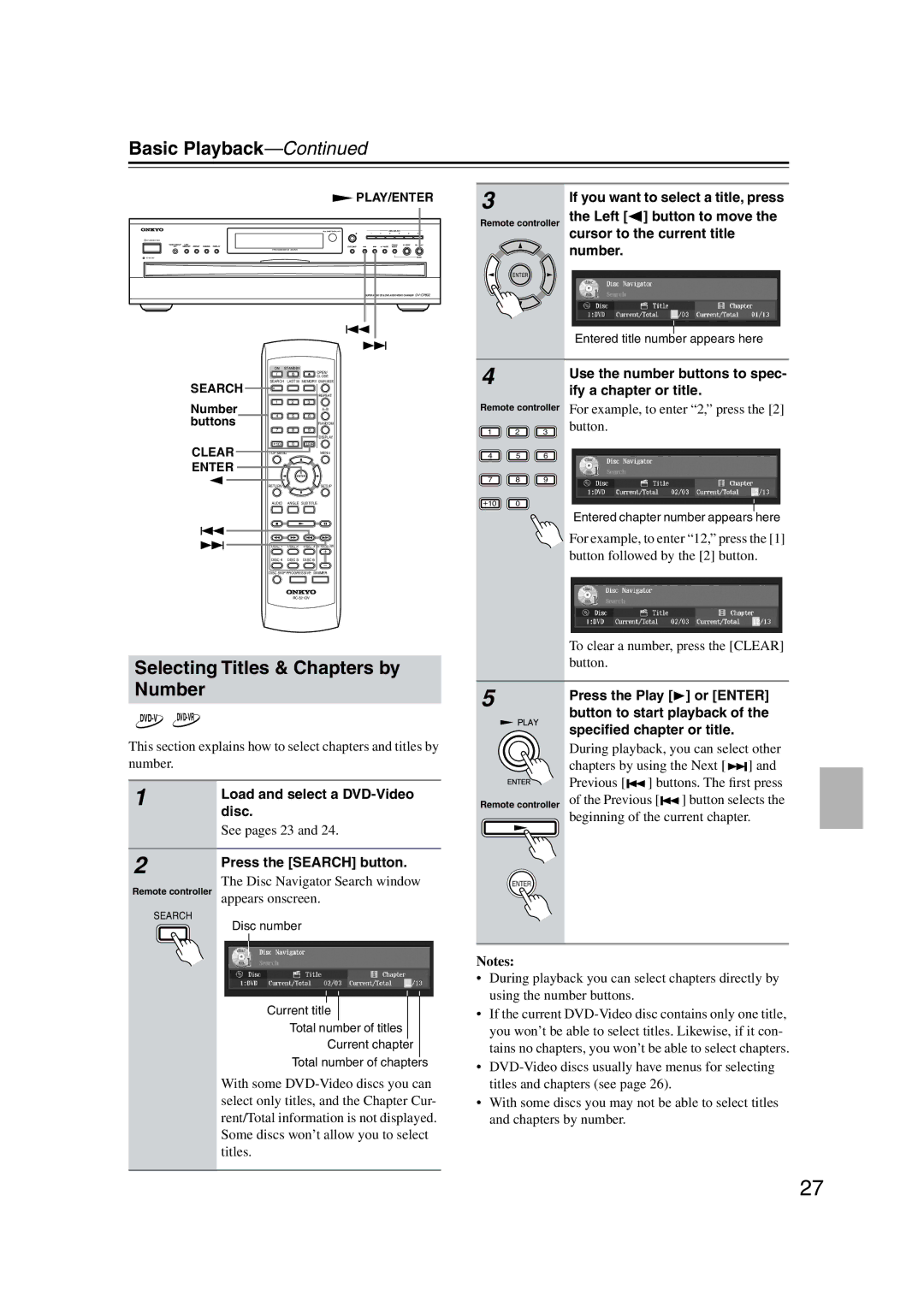 Onkyo DV-CP802 Selecting Titles & Chapters by Number, Use the number buttons to spec- ify a chapter or title 