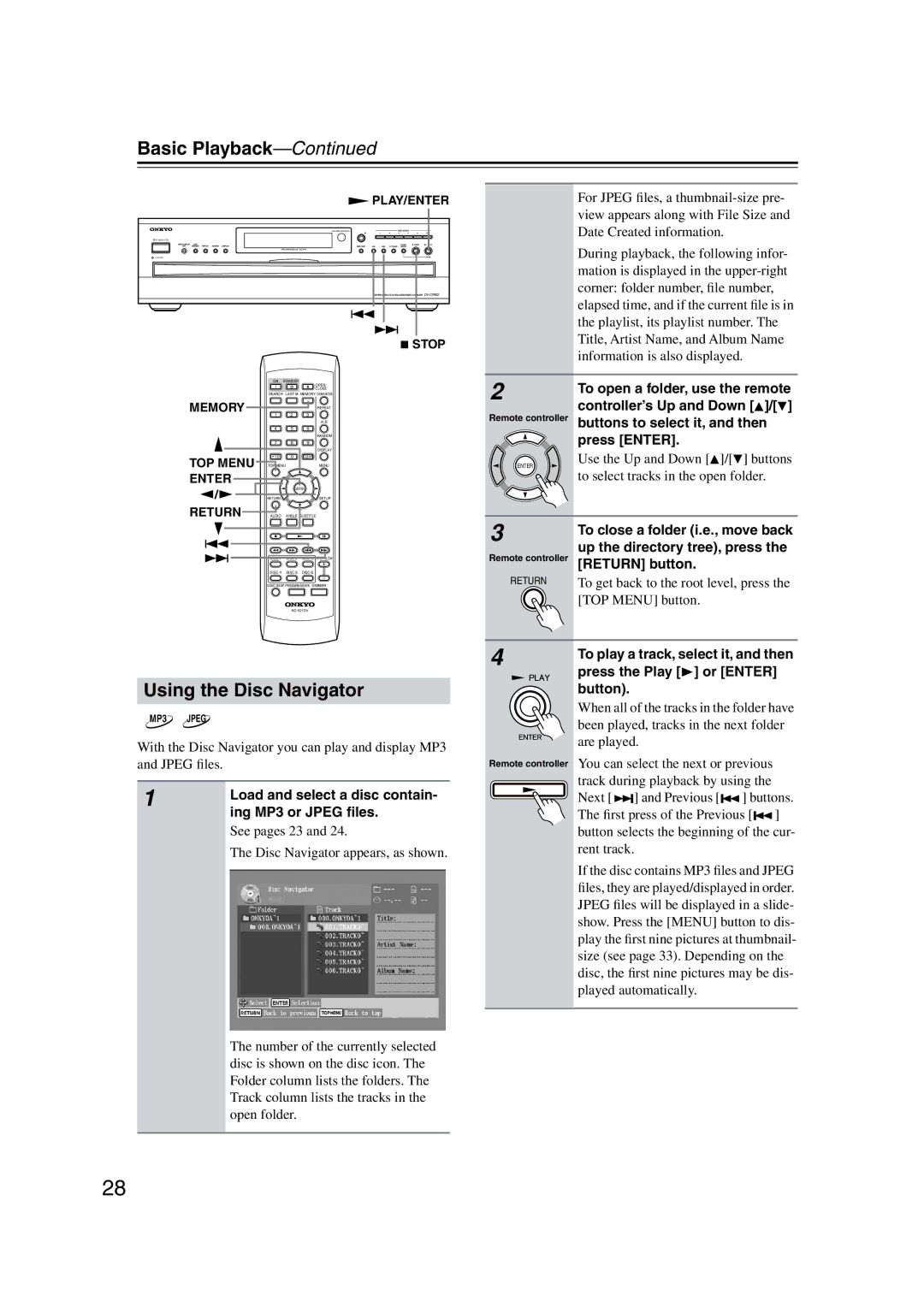 Onkyo DV-CP802 Using the Disc Navigator, Use the Up and Down / buttons, To select tracks in the open folder 