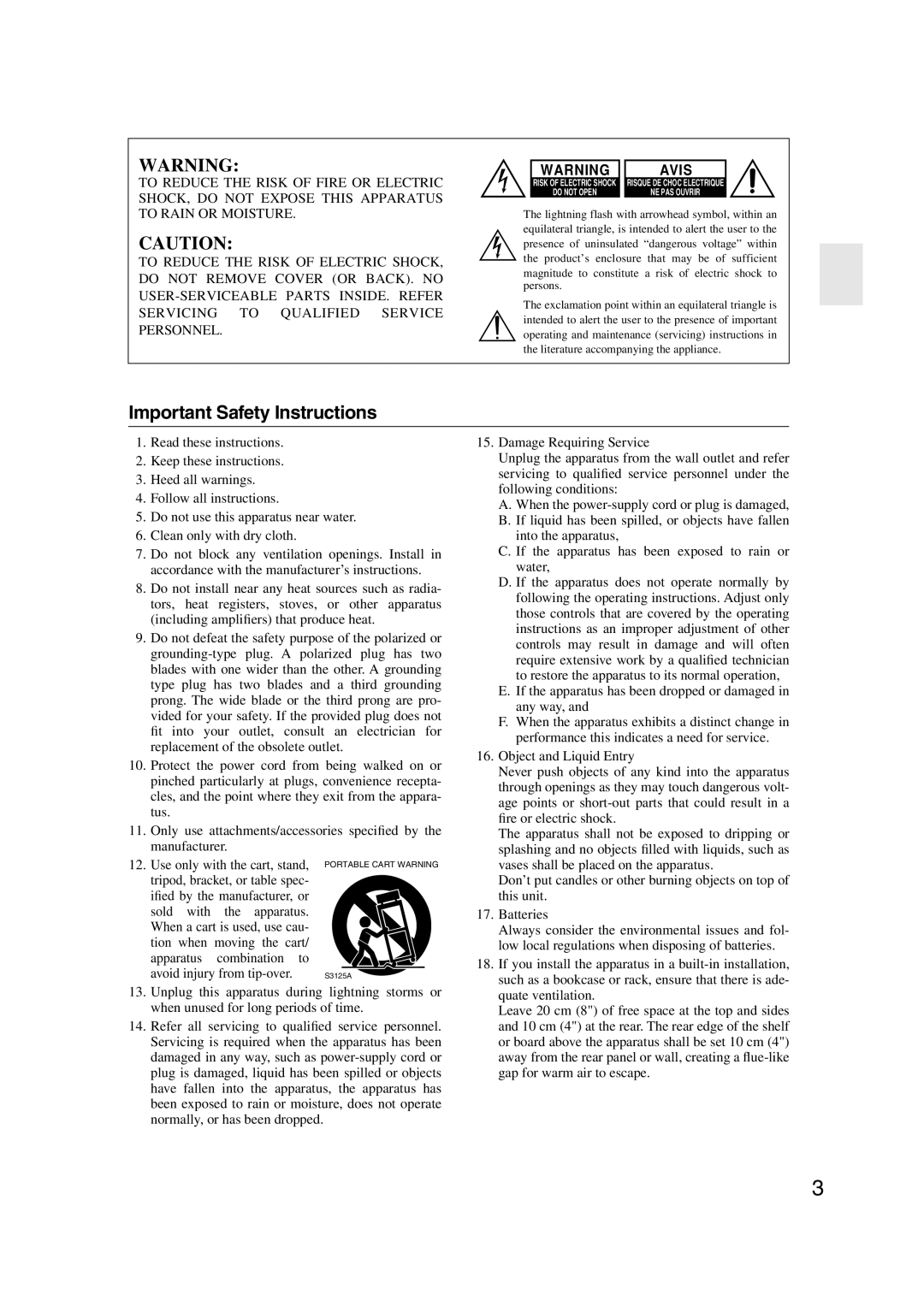 Onkyo DV-CP802 instruction manual Important Safety Instructions, Avis 