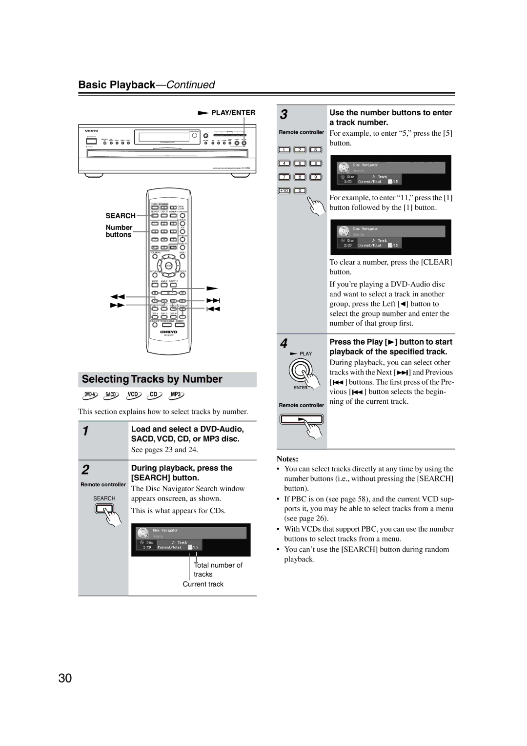 Onkyo DV-CP802 instruction manual Selecting Tracks by Number, Use the number buttons to enter a track number 