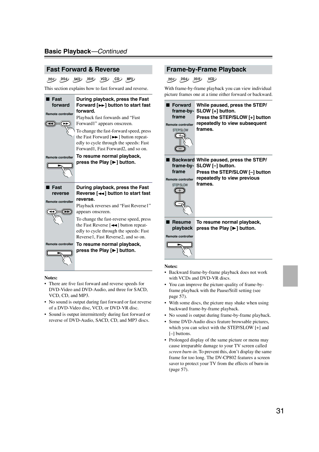 Onkyo DV-CP802 instruction manual Basic Playback Fast Forward & Reverse 