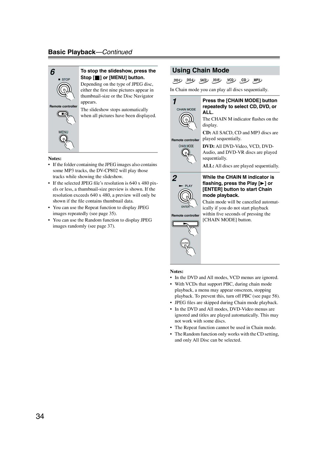 Onkyo DV-CP802 instruction manual Using Chain Mode, To stop the slideshow, press the Stop or Menu button 