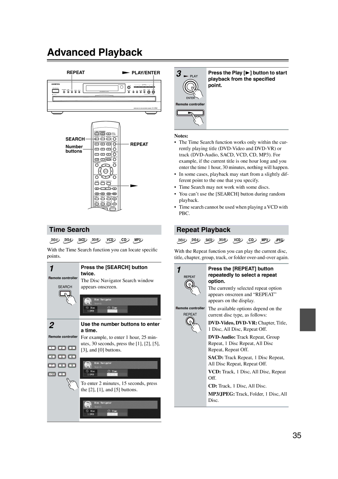 Onkyo DV-CP802 instruction manual Advanced Playback, Time Search, Repeat Playback, Press the Search button twice 