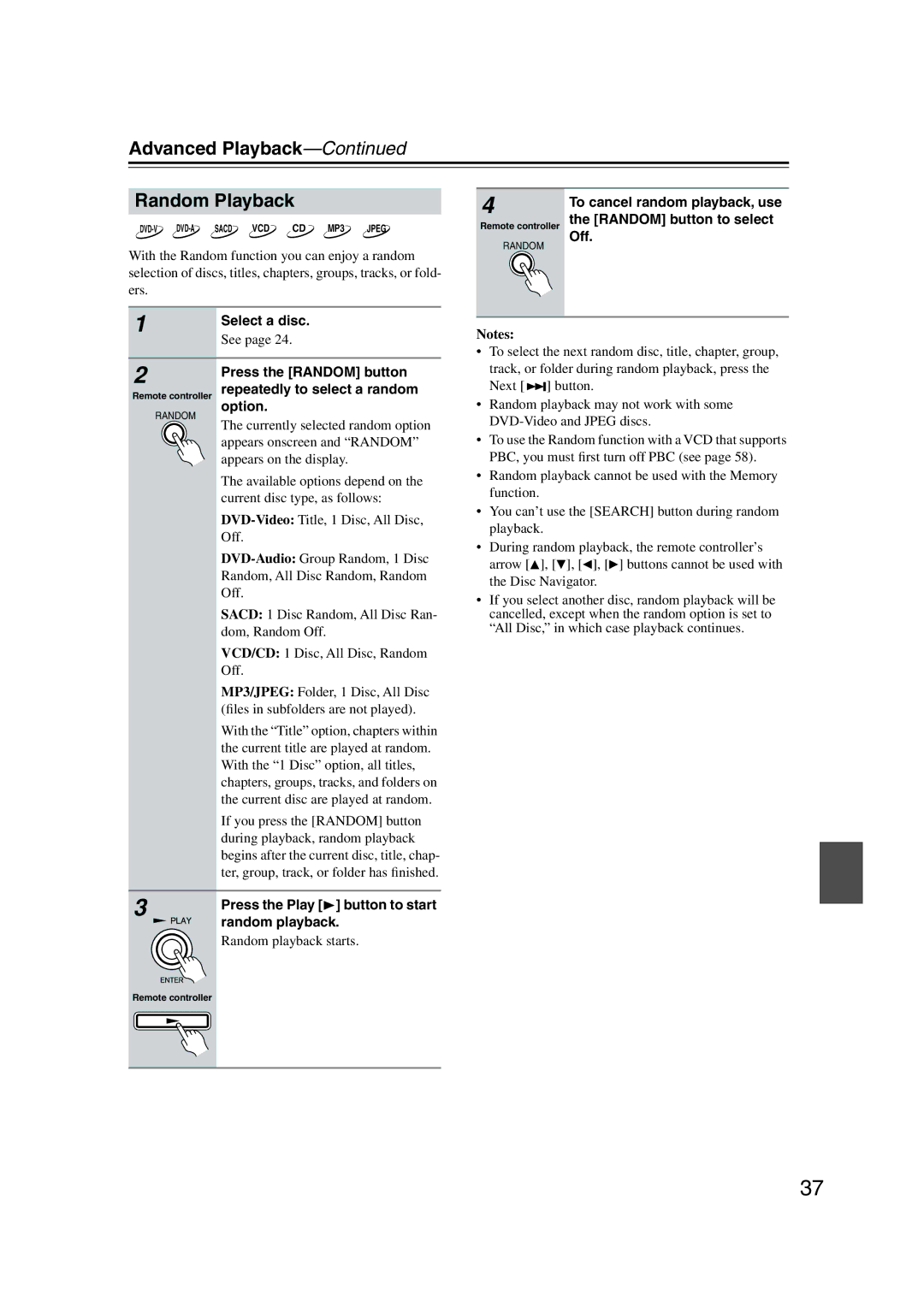 Onkyo DV-CP802 instruction manual Advanced Playback Random Playback, To cancel random playback, use, Select a disc 