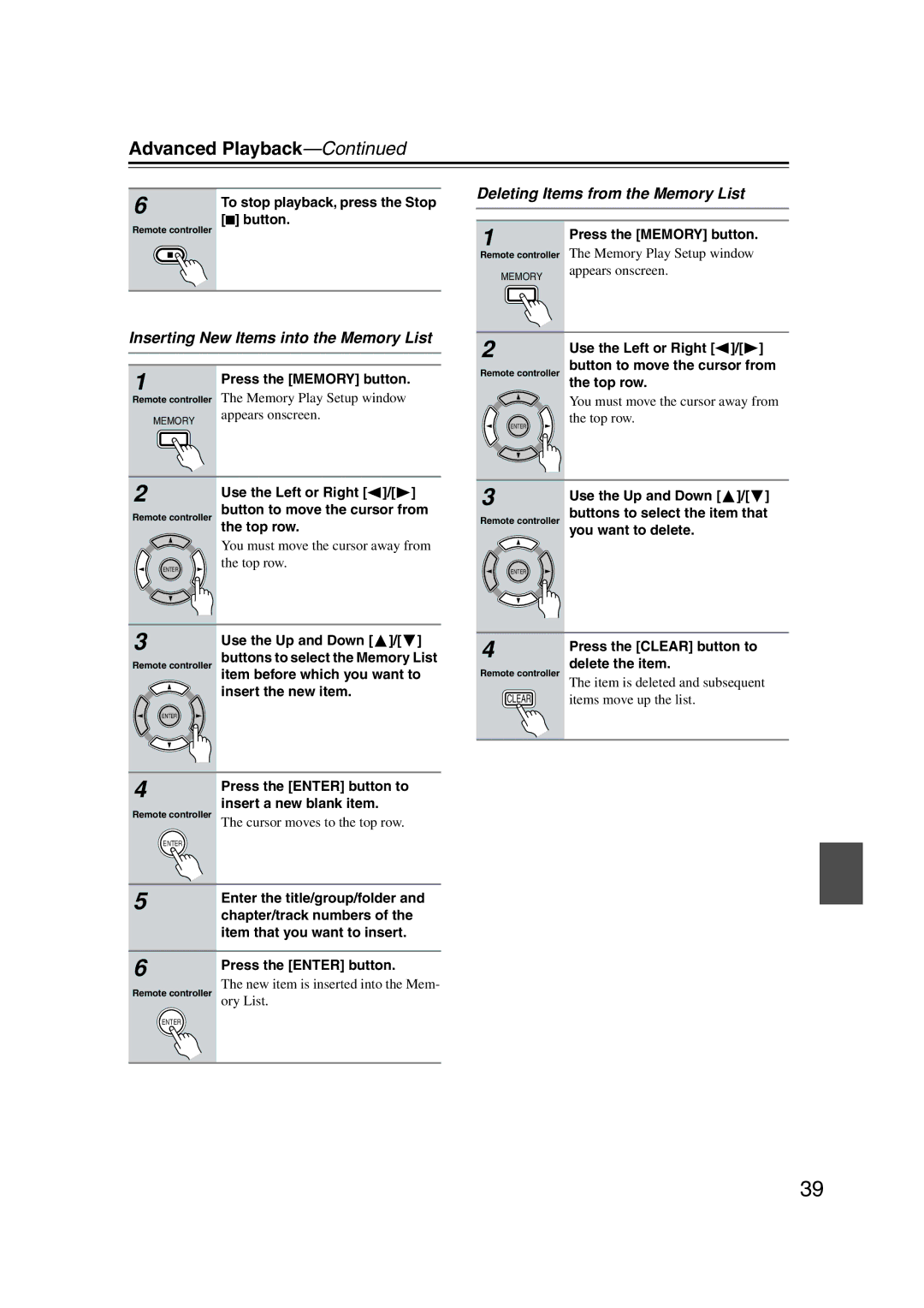 Onkyo DV-CP802 instruction manual Inserting New Items into the Memory List, Deleting Items from the Memory List 