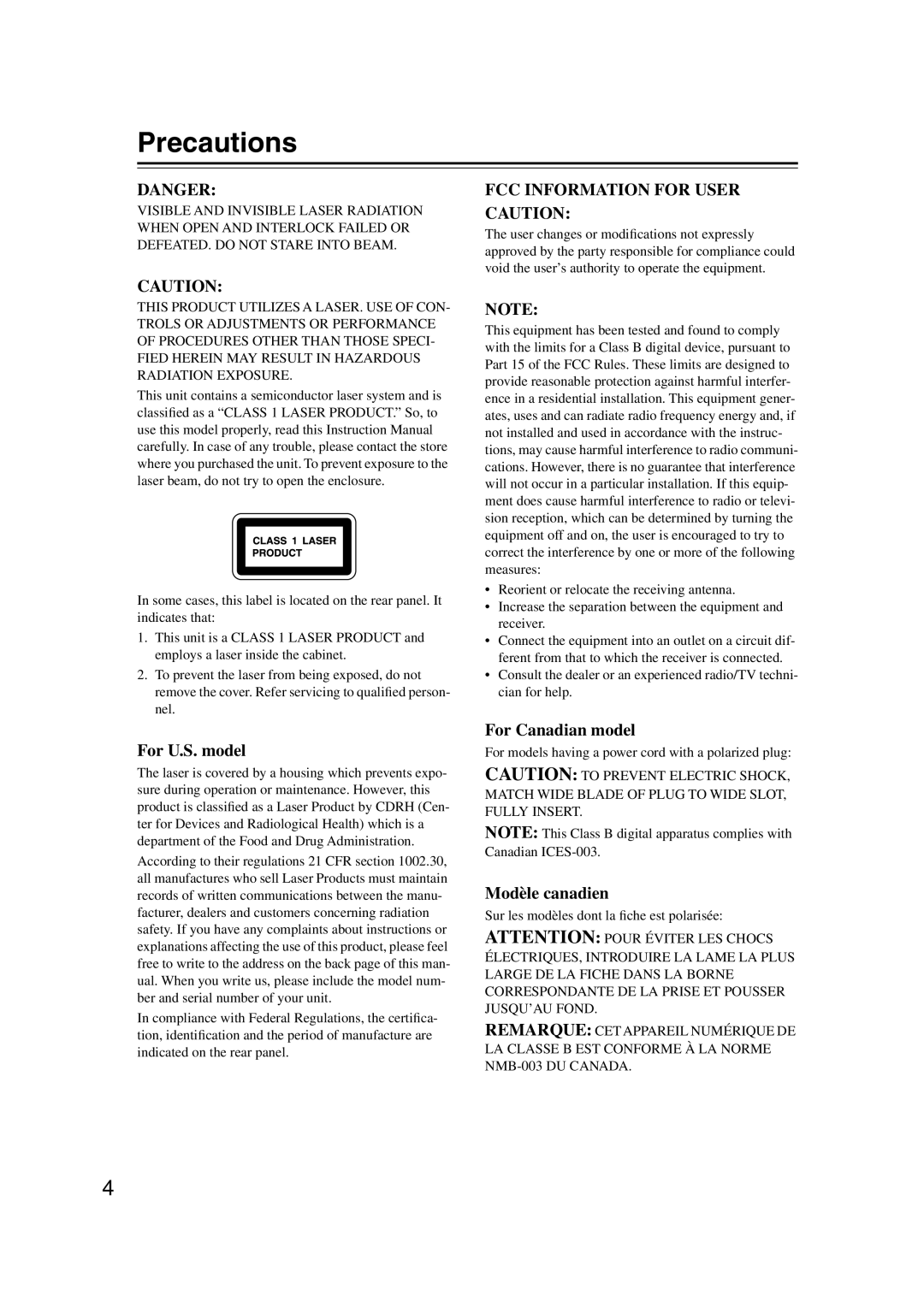 Onkyo DV-CP802 instruction manual Precautions, For models having a power cord with a polarized plug 