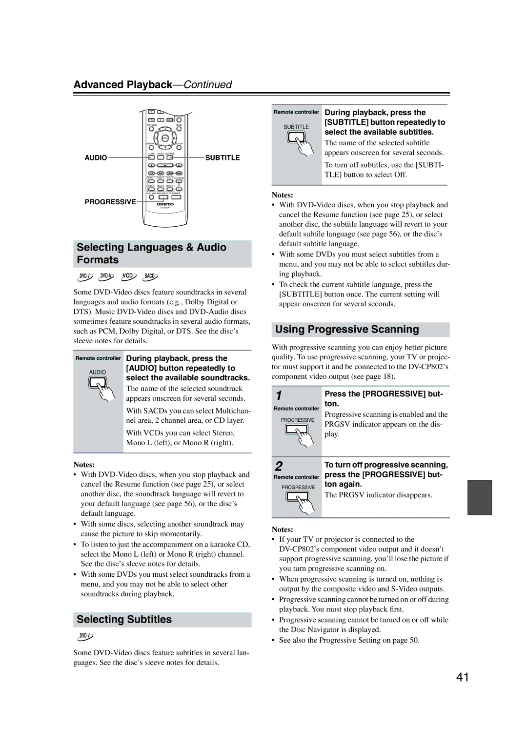 Onkyo DV-CP802 Selecting Languages & Audio Formats, Using Progressive Scanning, Selecting Subtitles, Ton again 