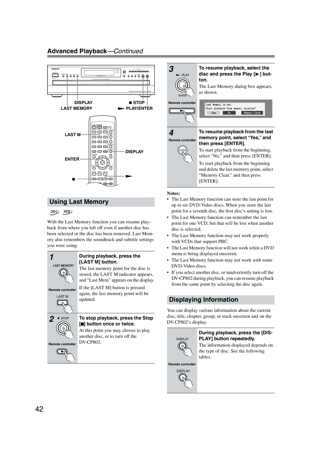 Onkyo DV-CP802 instruction manual Using Last Memory, Displaying Information 