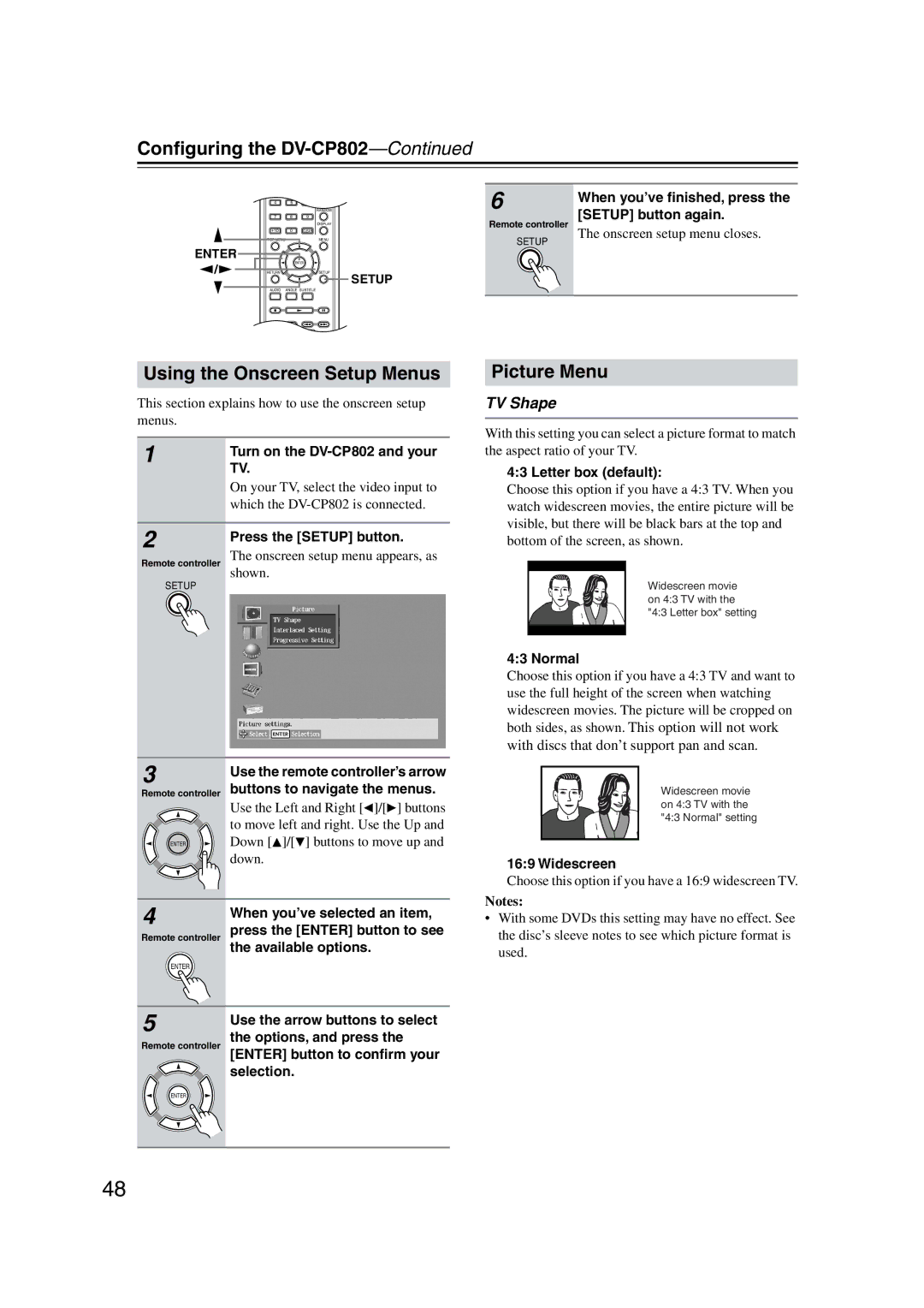 Onkyo DV-CP802 instruction manual Using the Onscreen Setup Menus, Picture Menu, TV Shape 