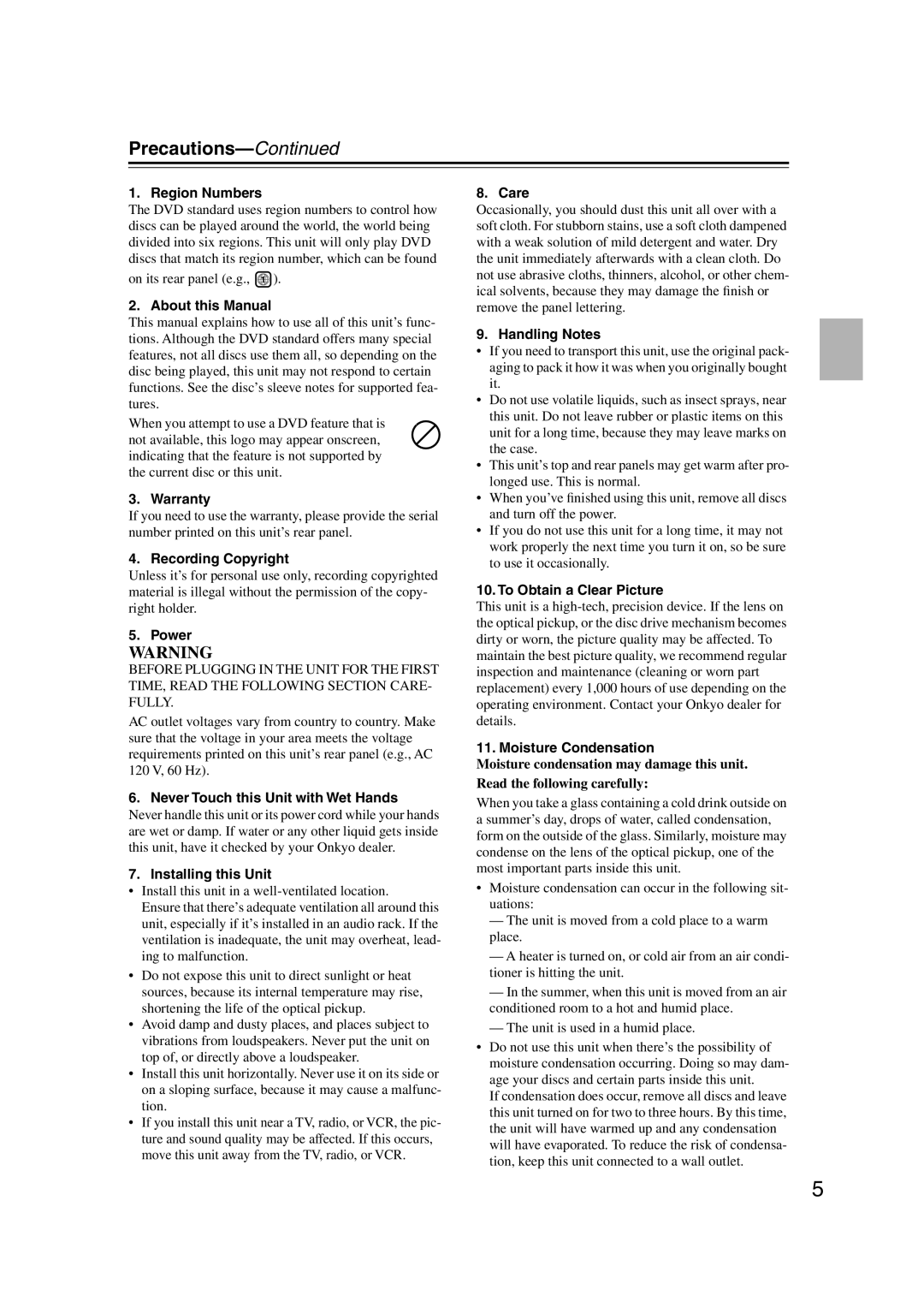 Onkyo DV-CP802 instruction manual Precautions 