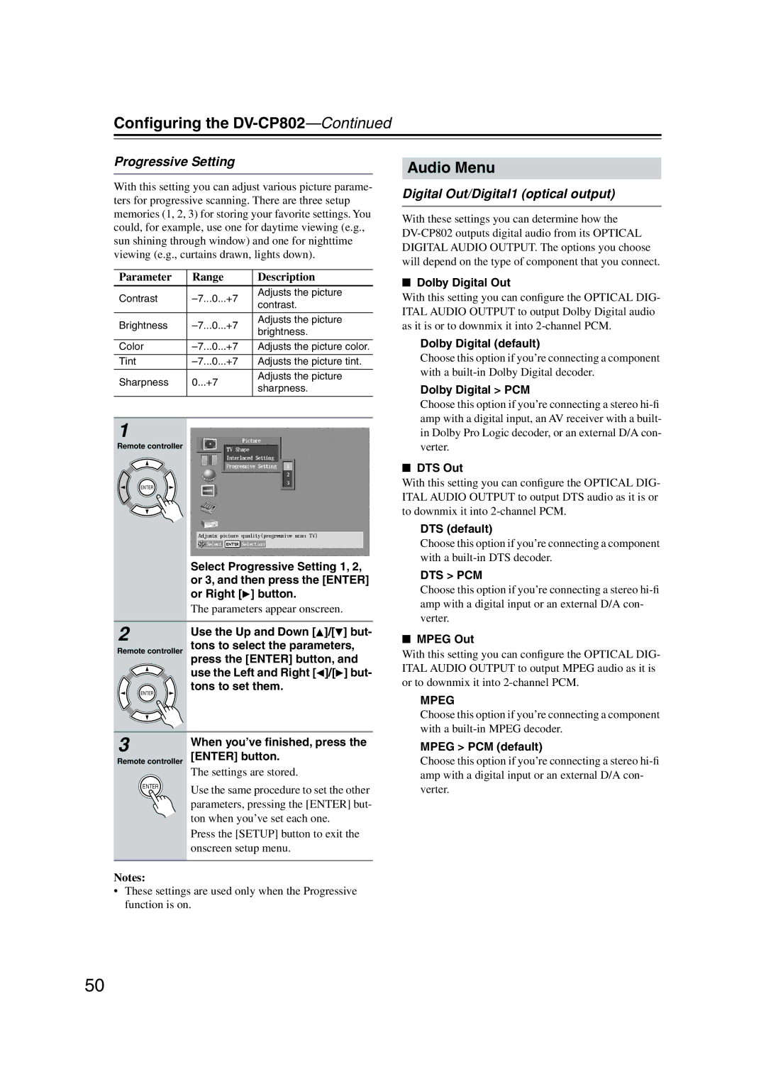 Onkyo DV-CP802 instruction manual Audio Menu, Progressive Setting, Digital Out/Digital1 optical output 