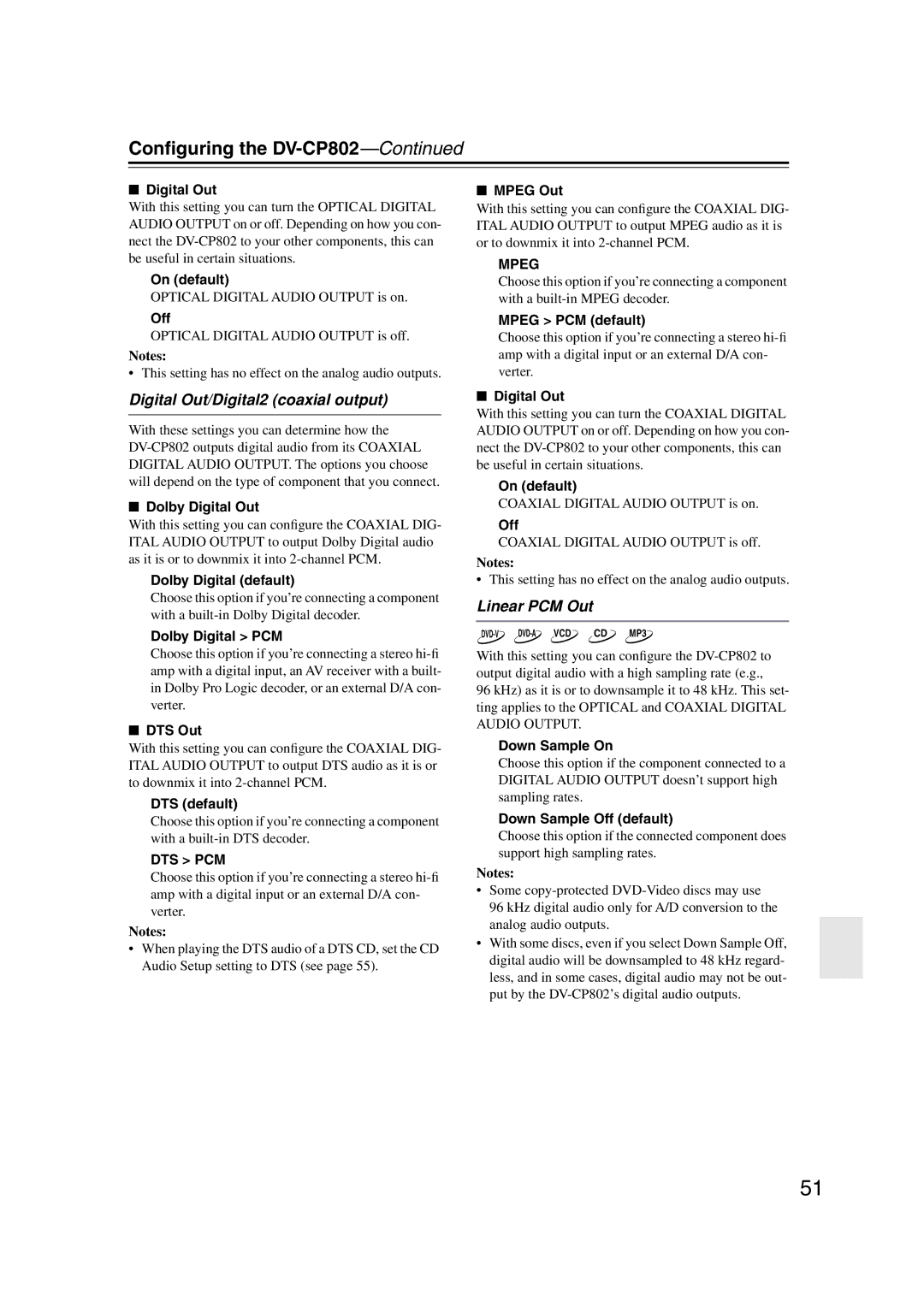 Onkyo DV-CP802 instruction manual Digital Out/Digital2 coaxial output, Linear PCM Out 